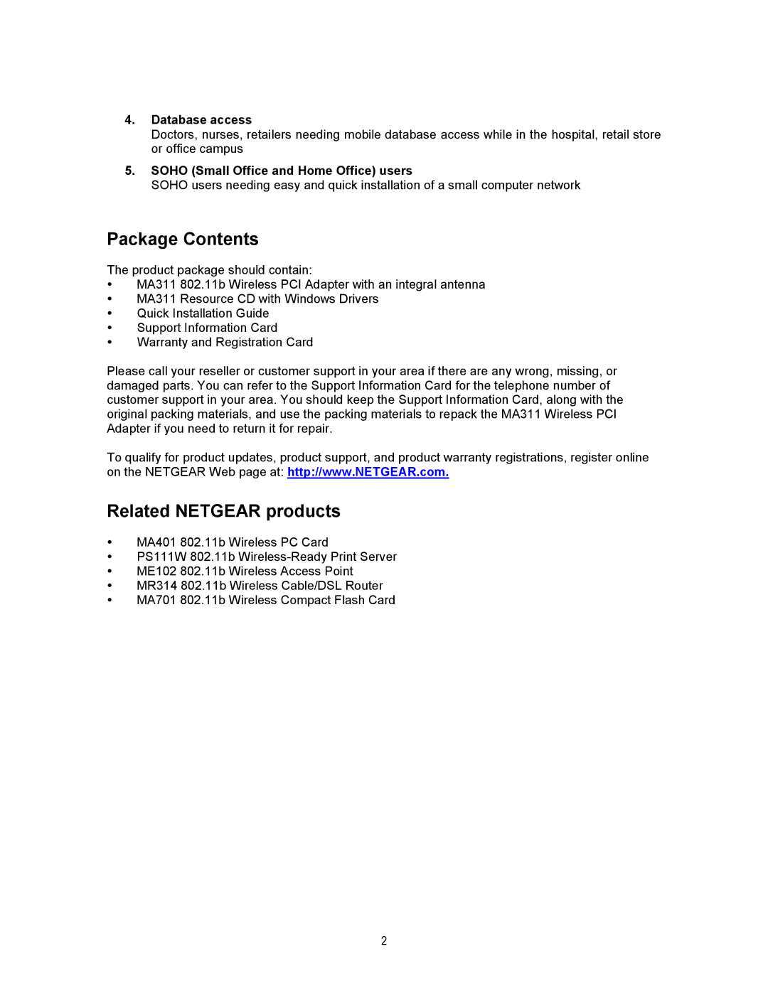 NETGEAR MA311 manual Package Contents, Related Netgear products 