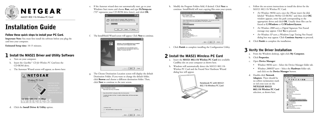 NETGEAR MA521 802.11B manual Install the MA521 Driver and Utility Software, Install the MA521 Wireless PC Card 