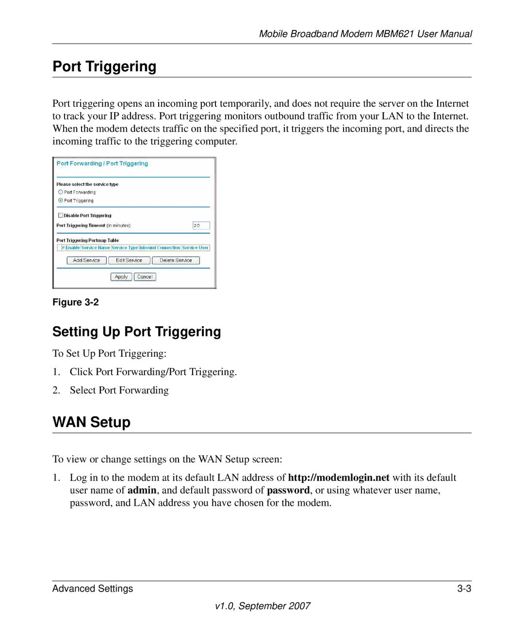 NETGEAR MBM621 user manual WAN Setup, Setting Up Port Triggering 