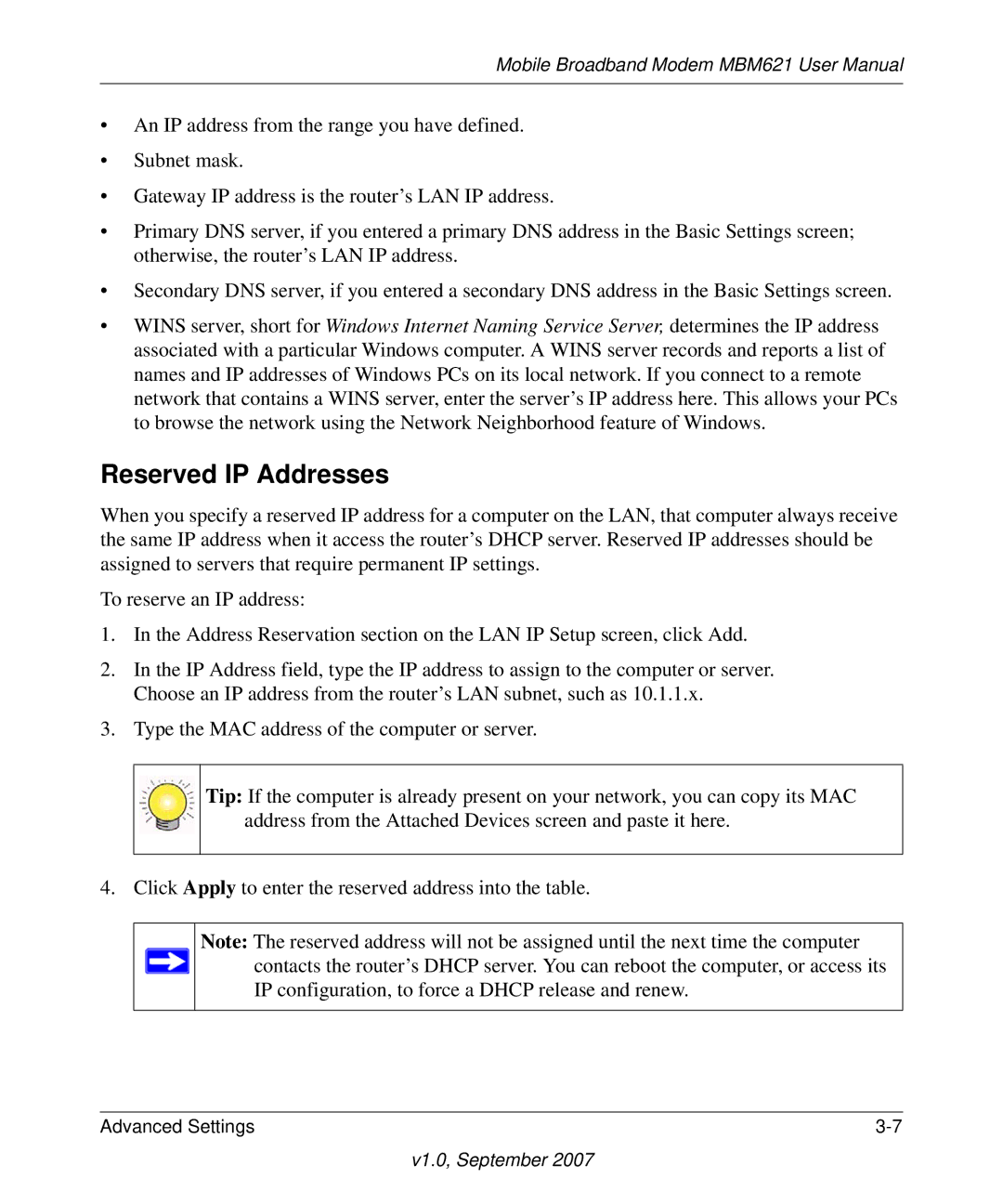 NETGEAR MBM621 user manual Reserved IP Addresses 