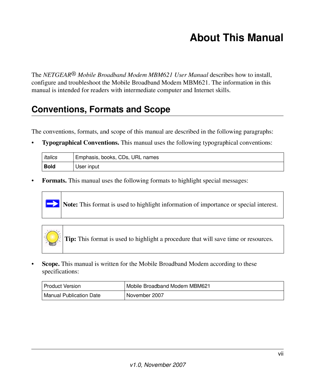 NETGEAR MBM621 user manual About This Manual, Conventions, Formats and Scope 