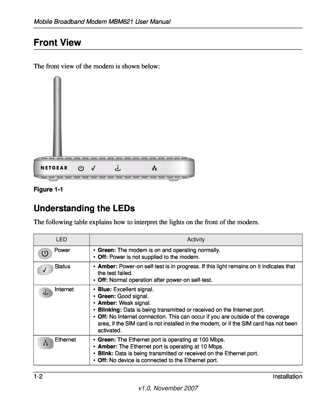 NETGEAR Front View, Understanding the LEDs, Mobile Broadband Modem MBM621 User Manual, Installation, v1.0, November 