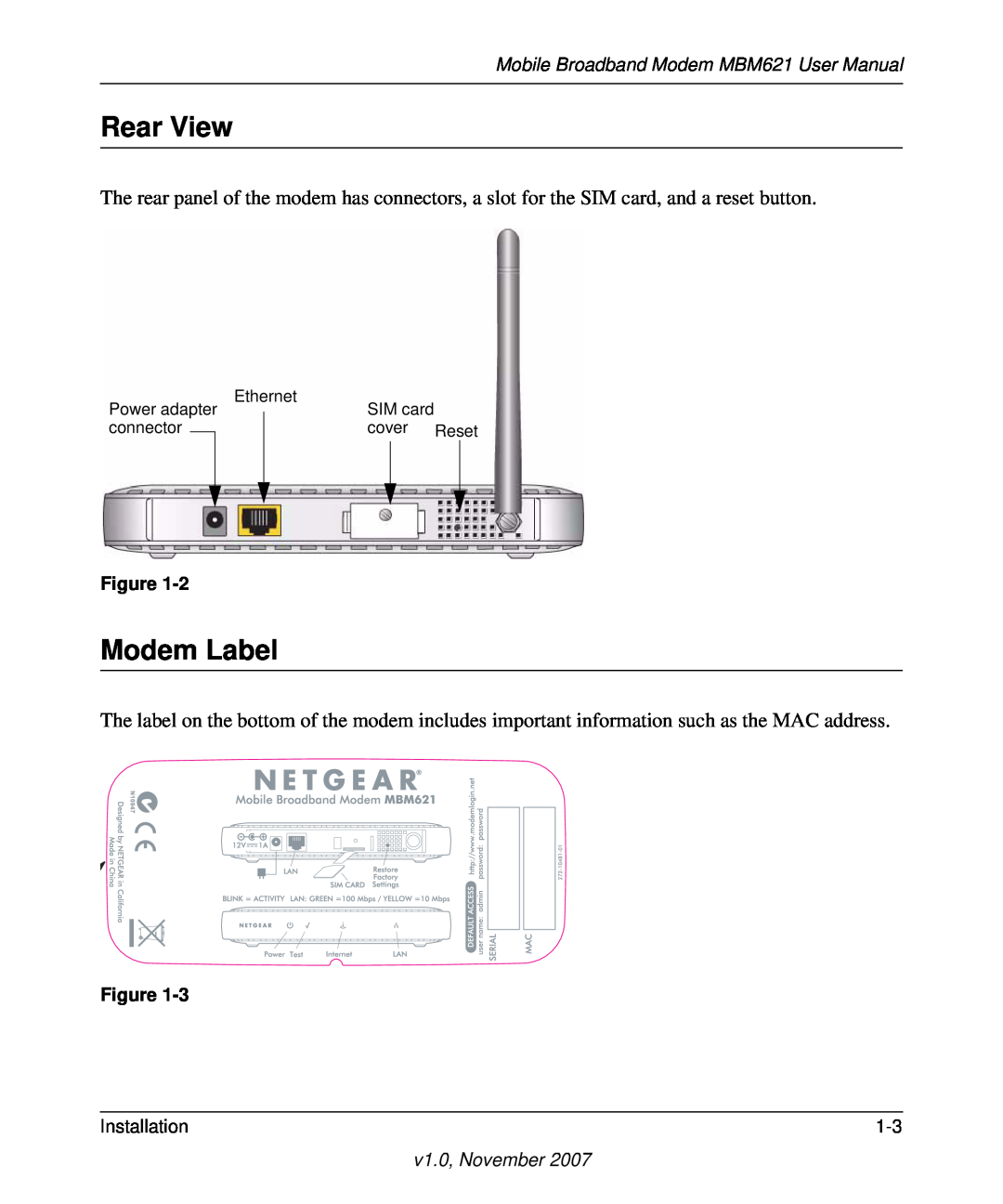 NETGEAR MBM621 user manual Rear View, Modem Label, Power adapter Ethernet, SIM card, connector, cover Reset 