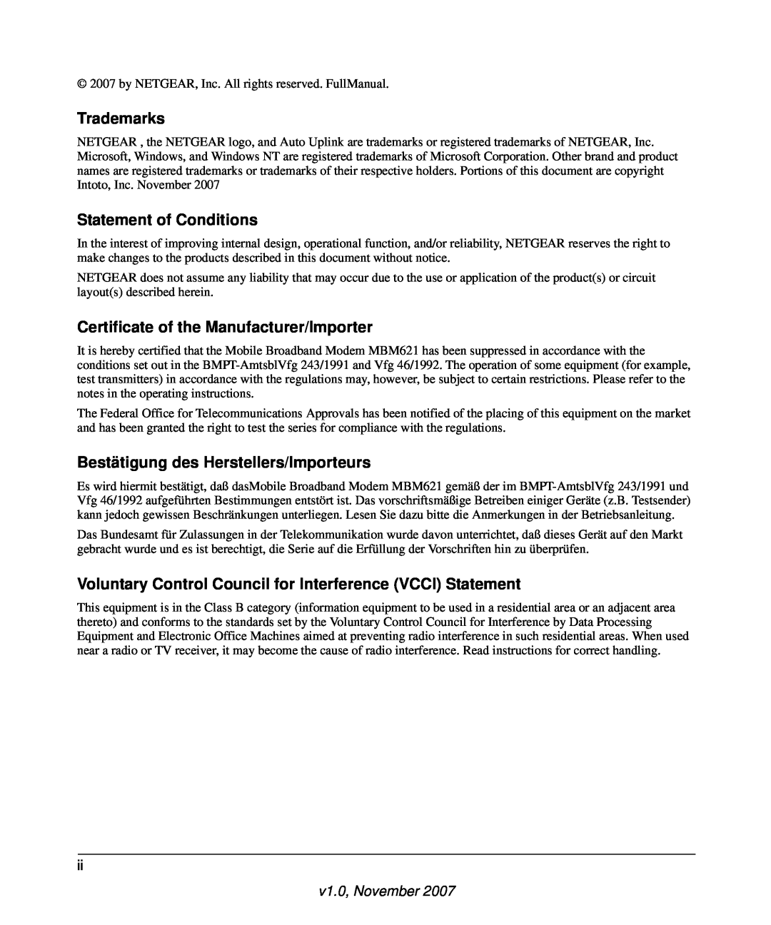 NETGEAR MBM621 user manual Trademarks, Statement of Conditions, Certificate of the Manufacturer/Importer, v1.0, November 