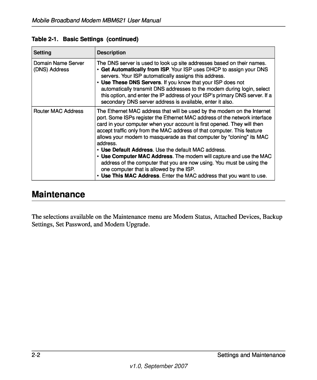 NETGEAR user manual Mobile Broadband Modem MBM621 User Manual, 1. Basic Settings continued, Settings and Maintenance 