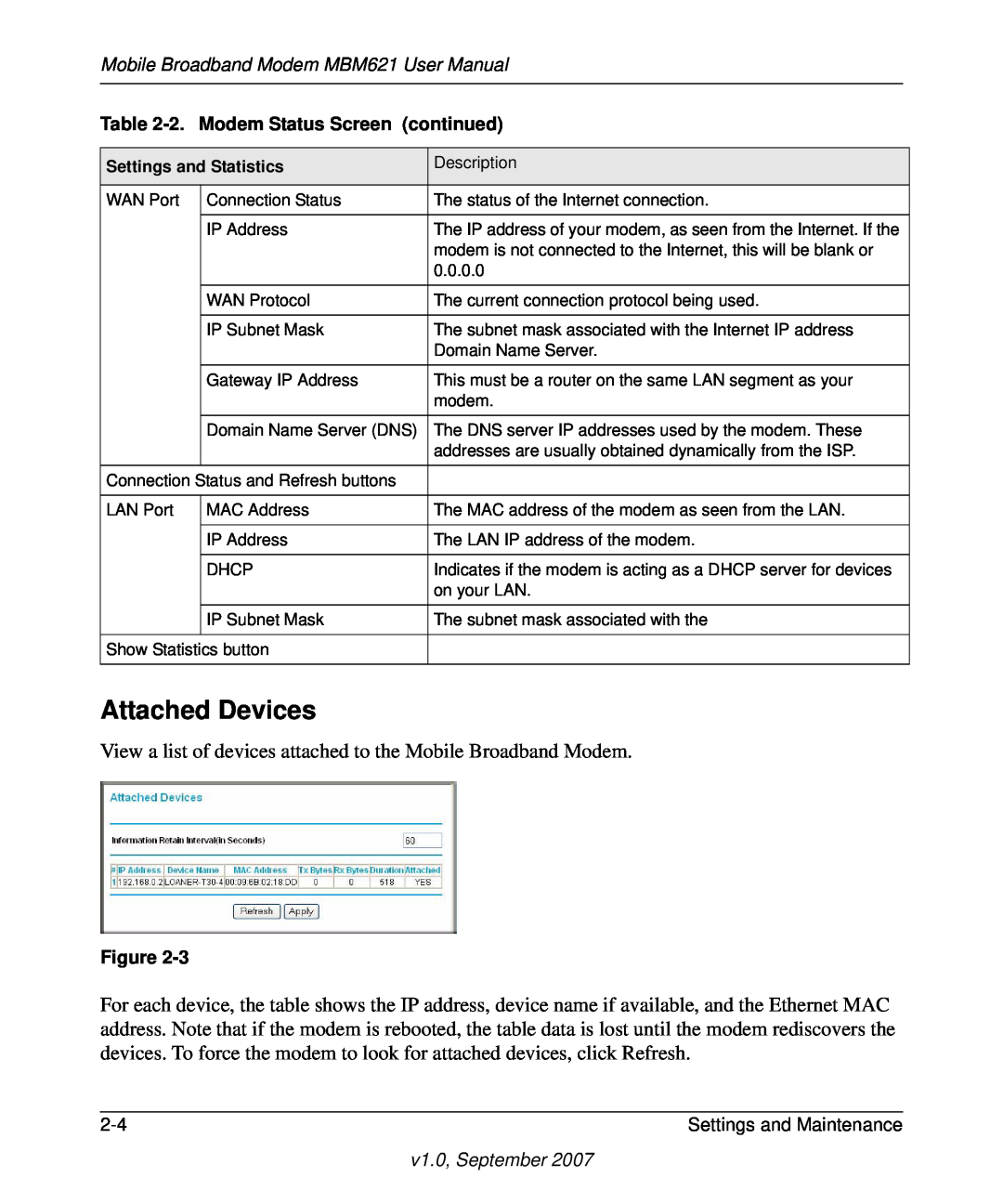 NETGEAR Attached Devices, Mobile Broadband Modem MBM621 User Manual, Modem Status Screen continued, v1.0, September 