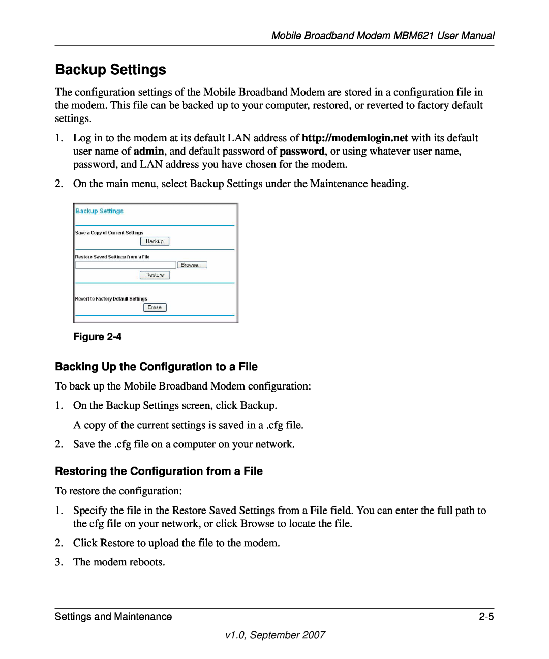 NETGEAR MBM621 user manual Backup Settings, Backing Up the Configuration to a File, Restoring the Configuration from a File 