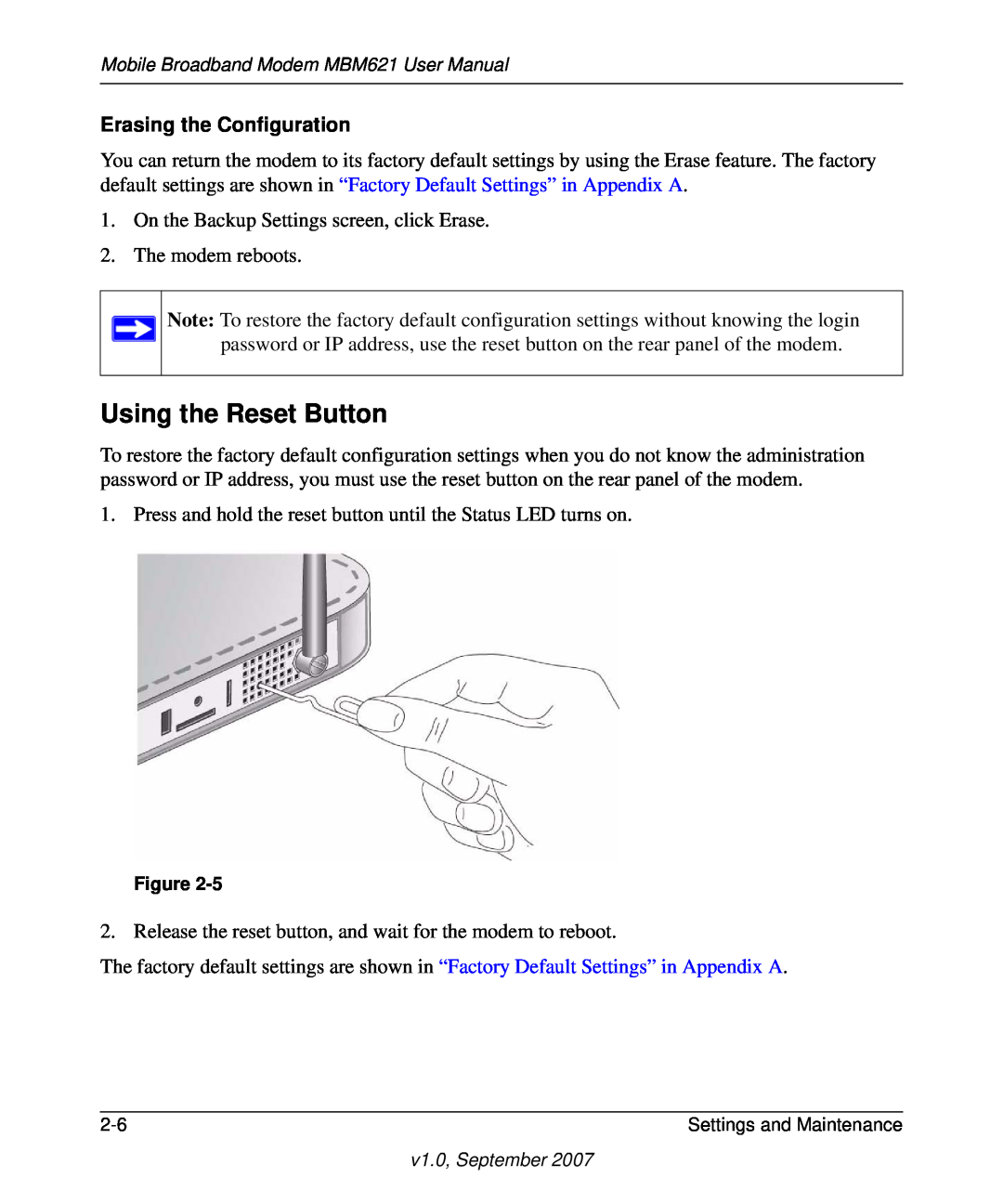 NETGEAR MBM621 user manual Using the Reset Button, Erasing the Configuration 