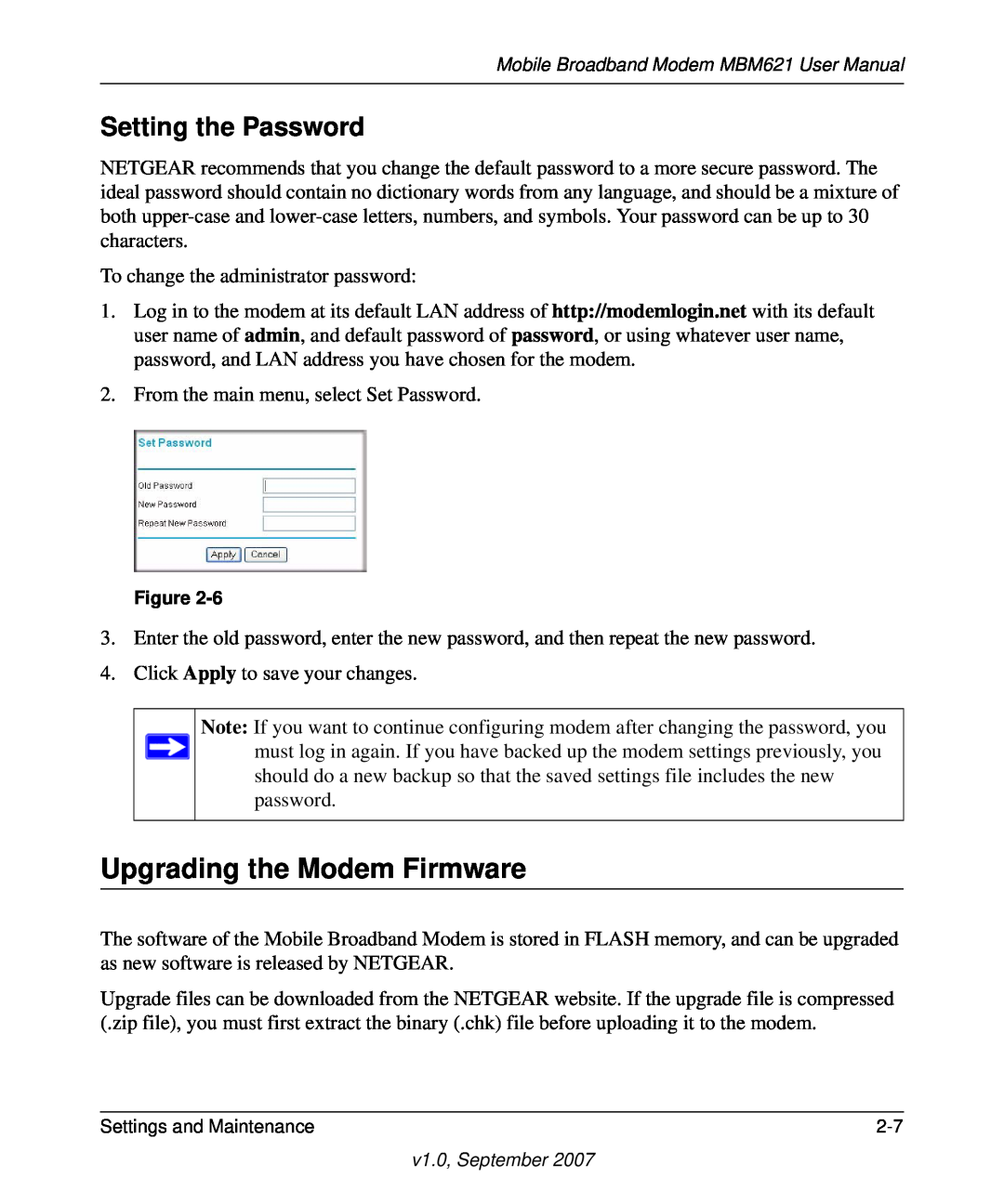NETGEAR MBM621 user manual Upgrading the Modem Firmware, Setting the Password 