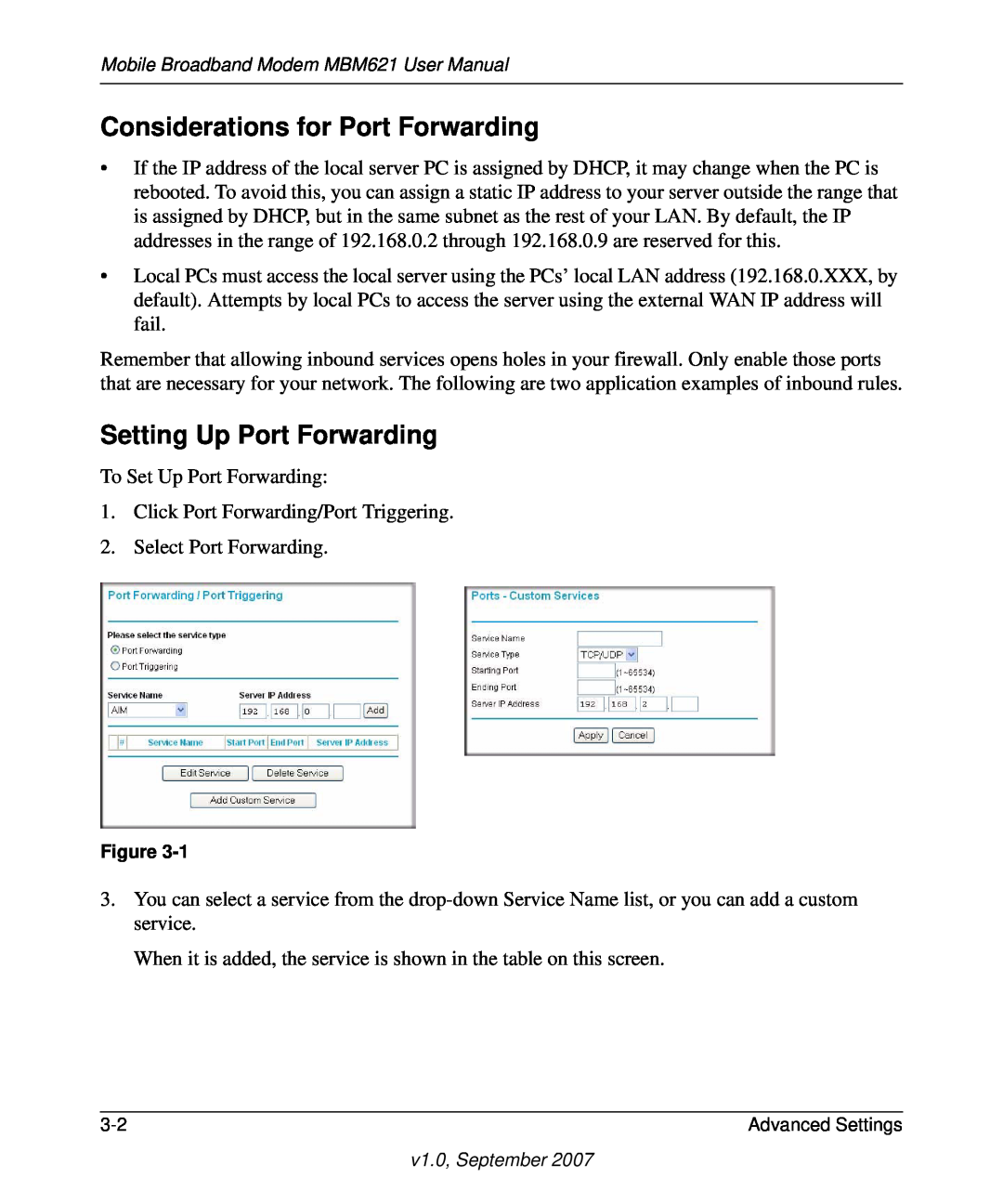 NETGEAR MBM621 user manual Considerations for Port Forwarding, Setting Up Port Forwarding 