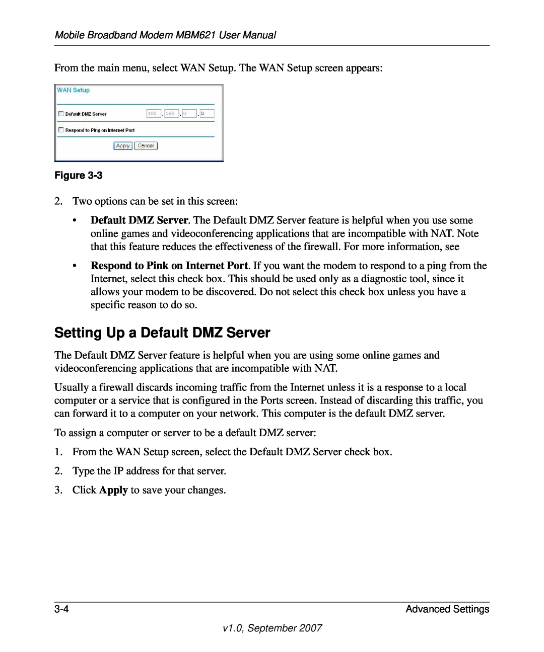 NETGEAR MBM621 user manual Setting Up a Default DMZ Server 
