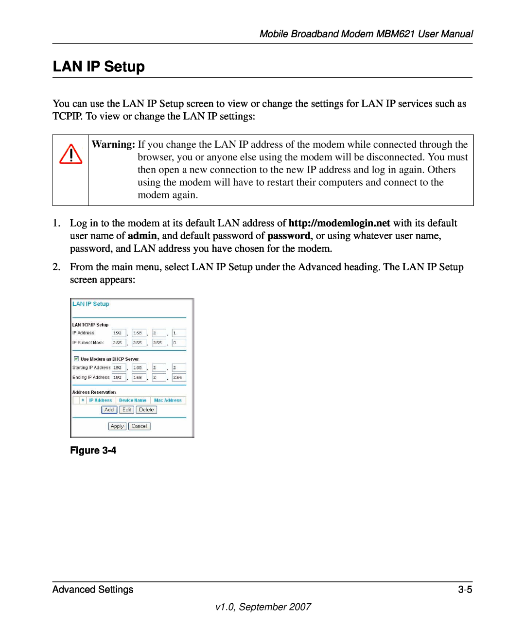 NETGEAR MBM621 user manual LAN IP Setup, Advanced Settings 
