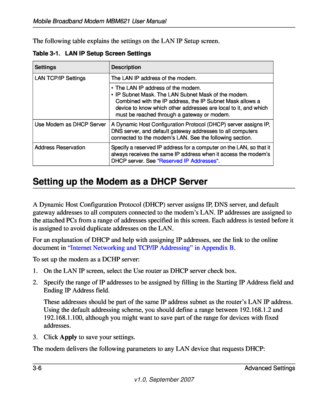 NETGEAR MBM621 user manual Setting up the Modem as a DHCP Server 