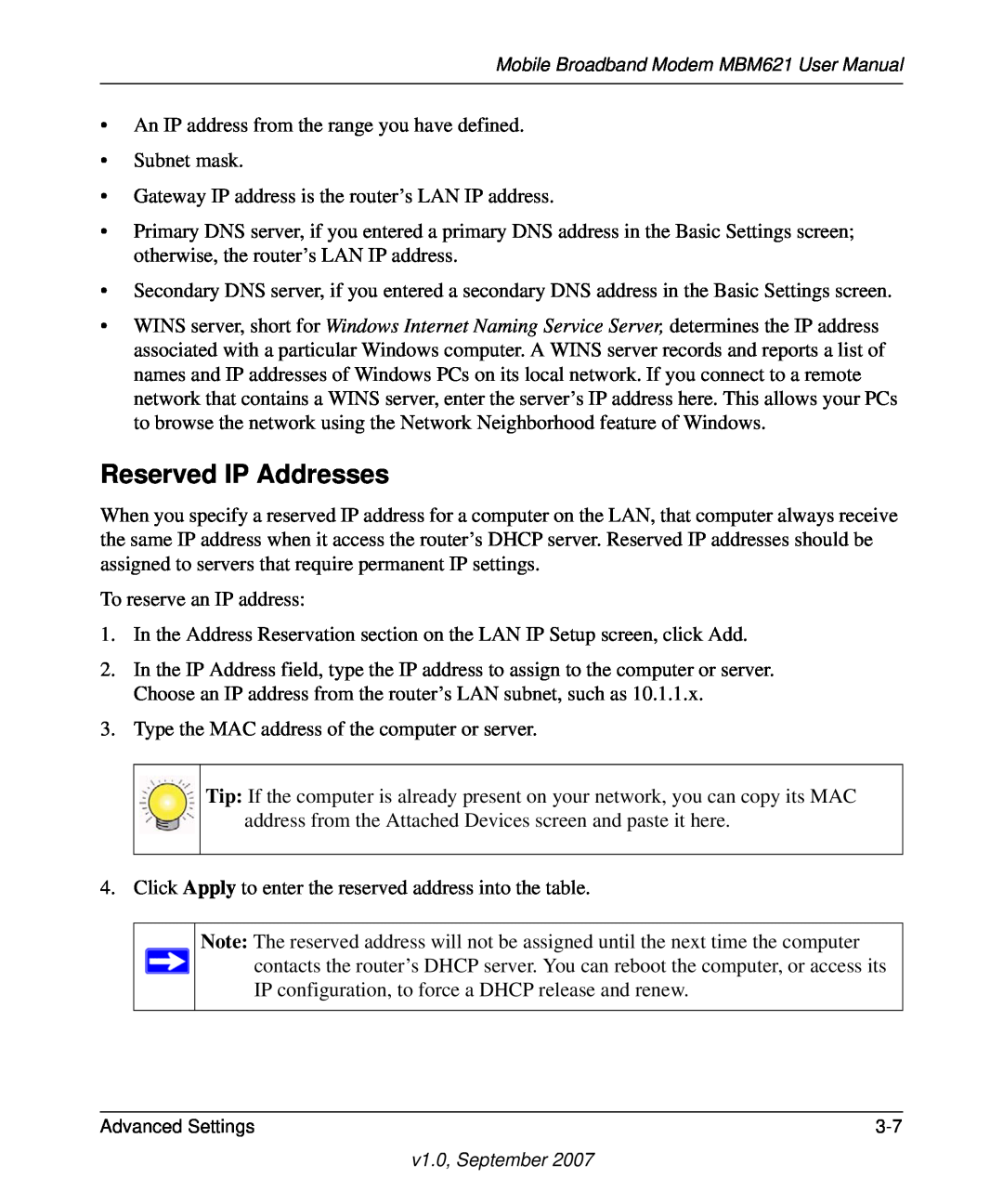 NETGEAR MBM621 user manual Reserved IP Addresses 