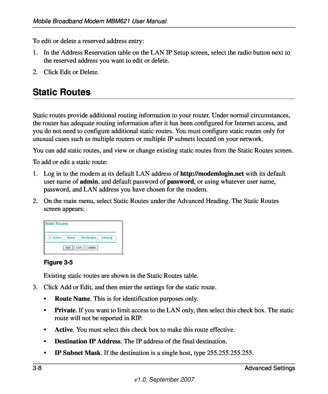 NETGEAR MBM621 user manual Static Routes 
