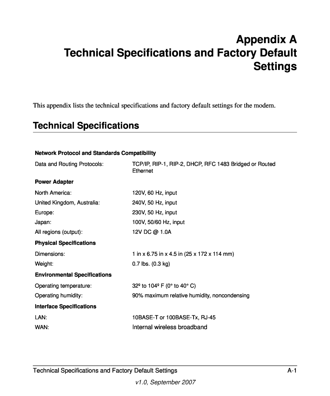 NETGEAR MBM621 user manual Appendix A Technical Specifications and Factory Default Settings, Internal wireless broadband 