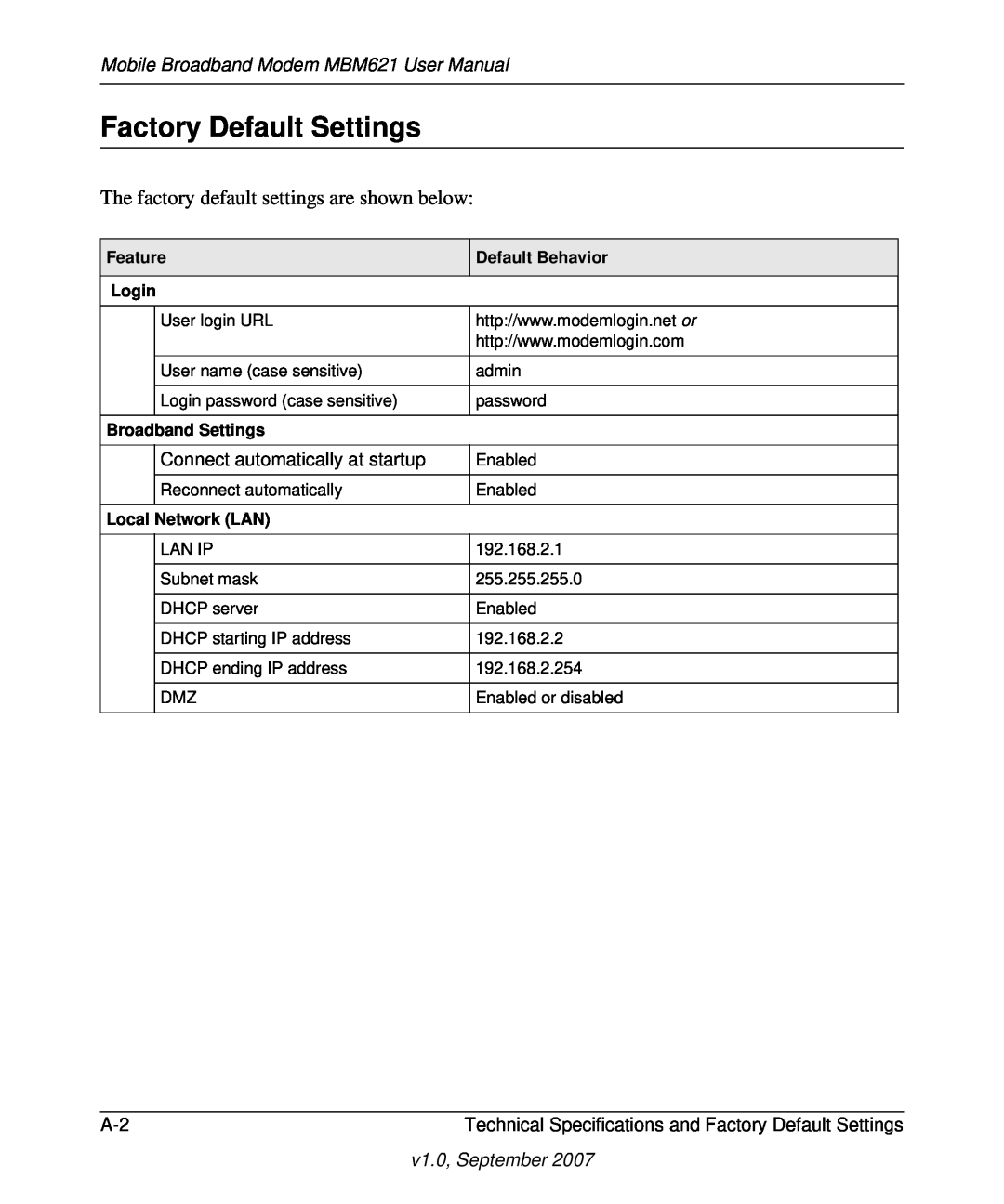 NETGEAR Factory Default Settings, Mobile Broadband Modem MBM621 User Manual, Connect automatically at startup 
