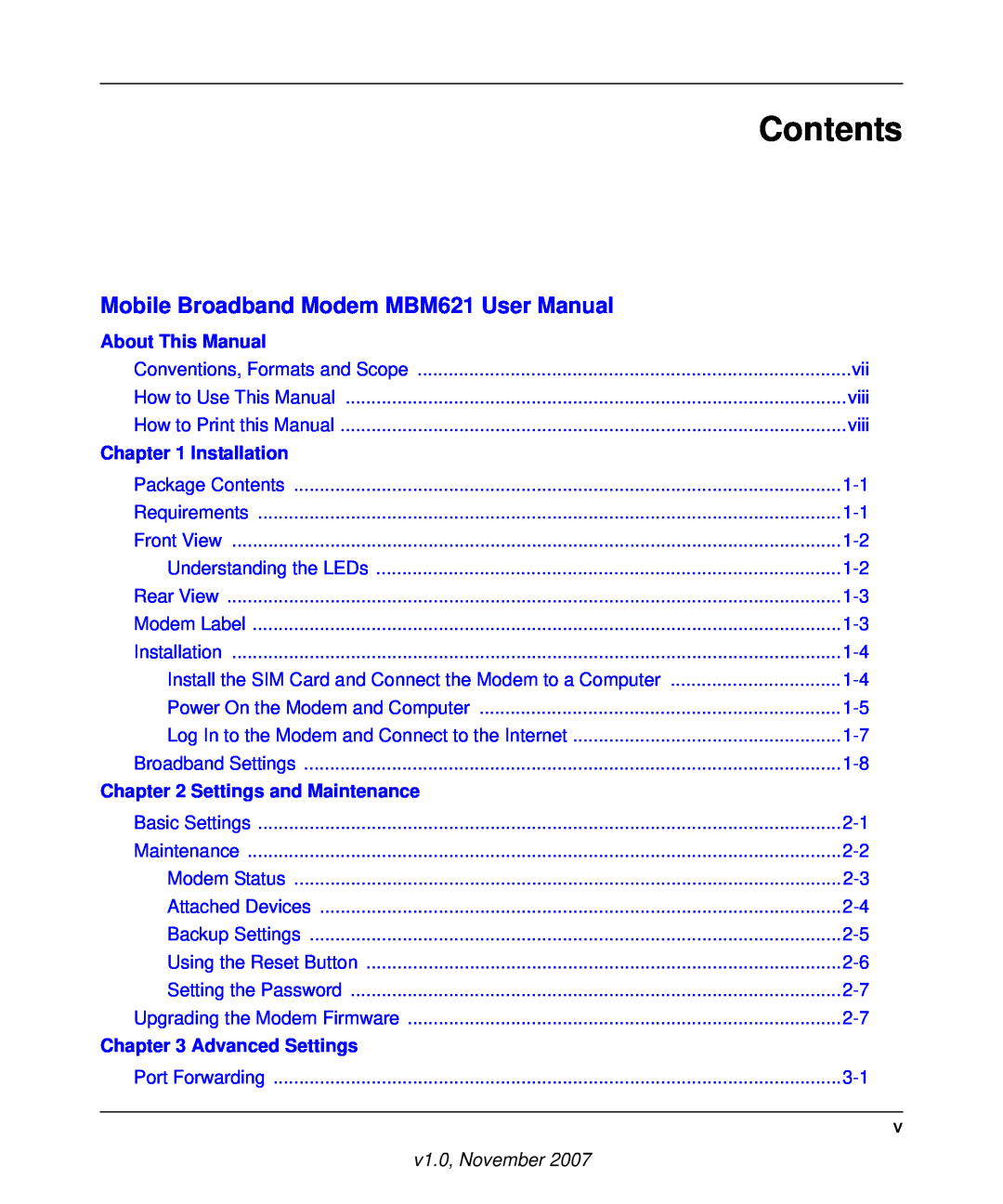 NETGEAR Contents, Mobile Broadband Modem MBM621 User Manual, About This Manual, Installation, Settings and Maintenance 