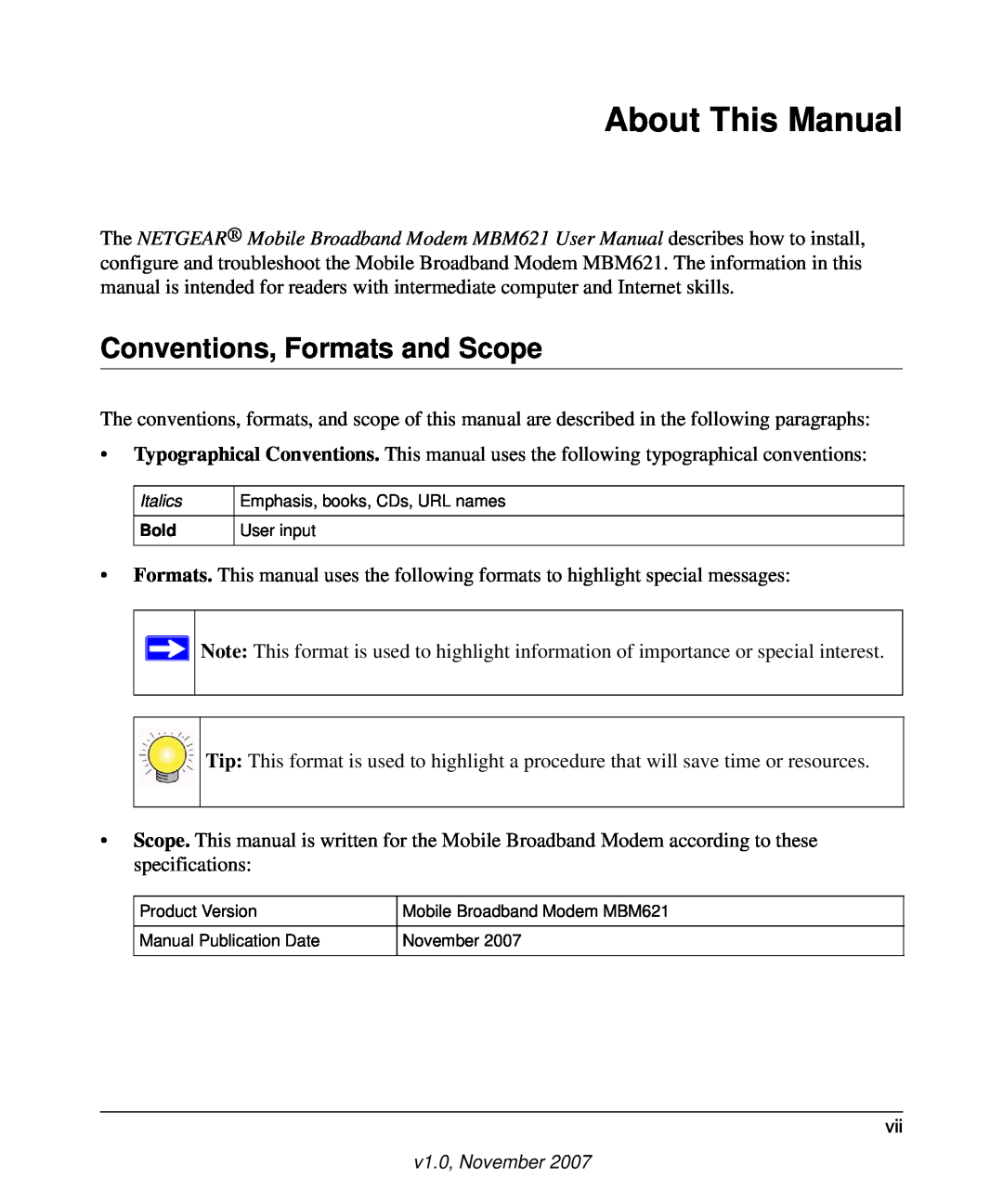 NETGEAR MBM621 user manual About This Manual, Conventions, Formats and Scope 