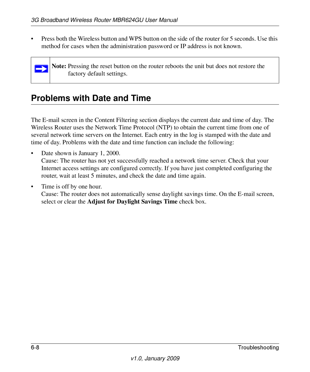 NETGEAR MBR624GU user manual Problems with Date and Time 