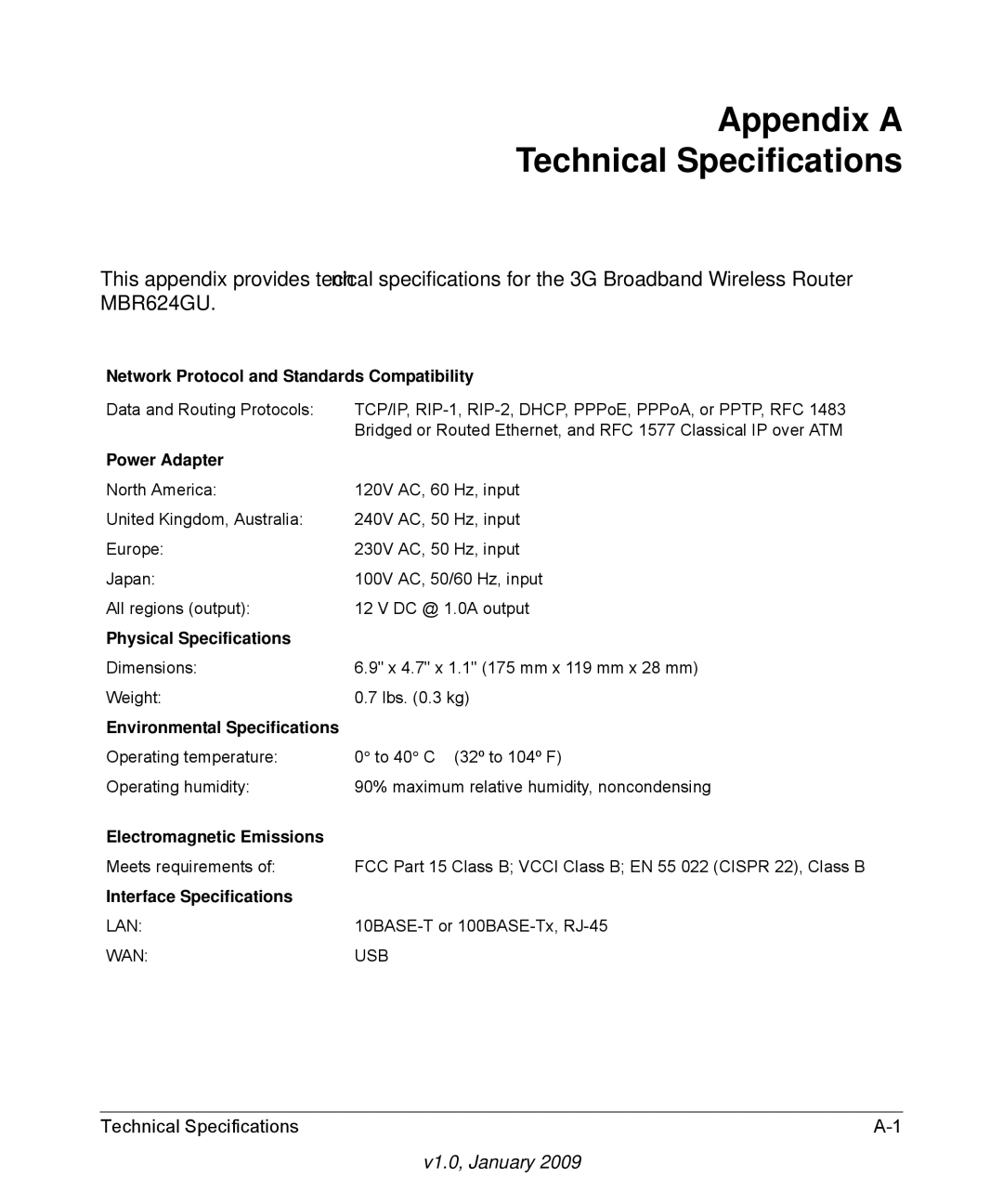 NETGEAR MBR624GU user manual Appendix a Technical Specifications 