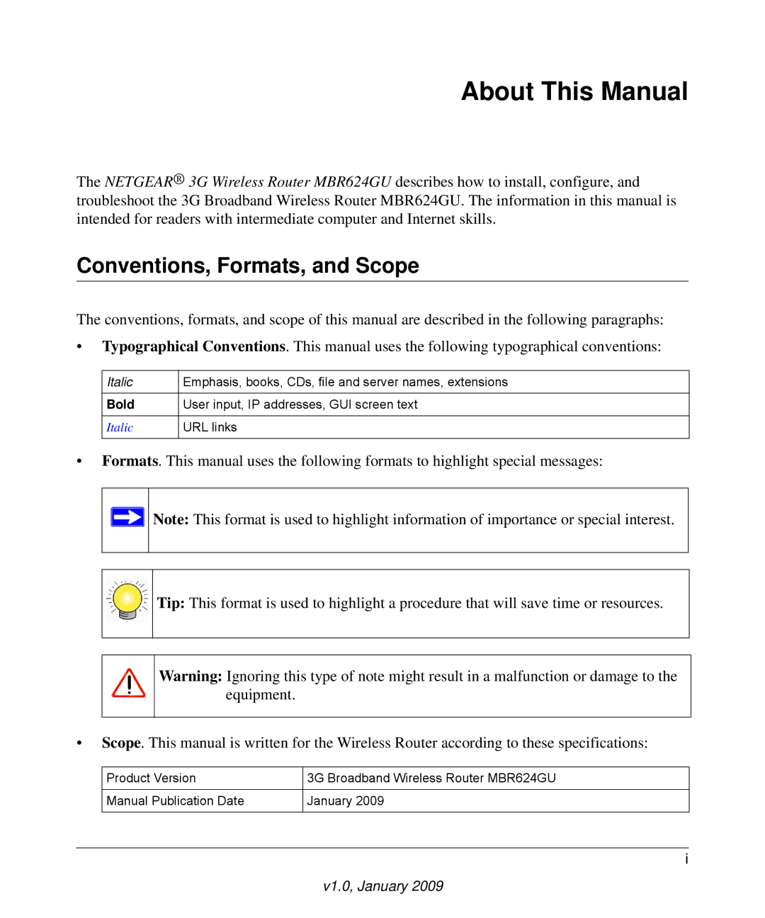 NETGEAR MBR624GU user manual About This Manual, Conventions, Formats, and Scope 