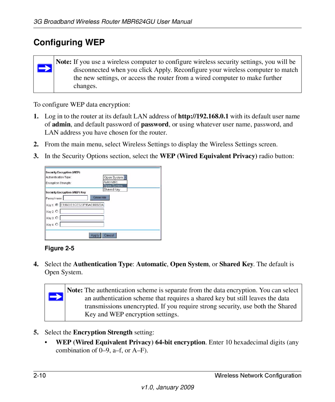 NETGEAR MBR624GU user manual Configuring WEP 