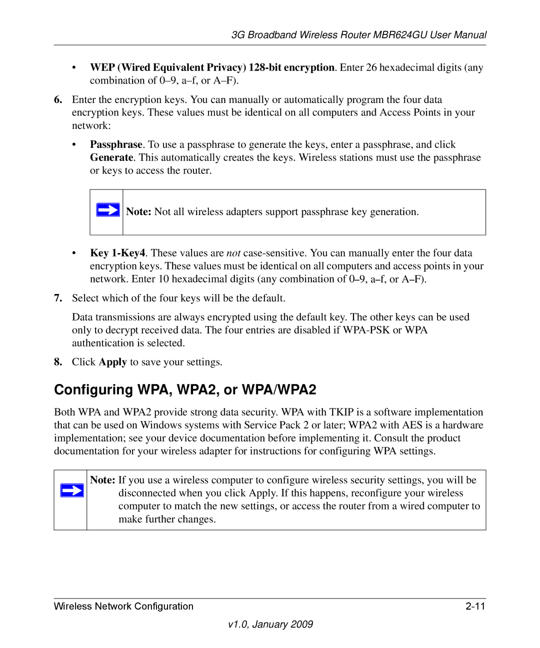 NETGEAR MBR624GU user manual Configuring WPA, WPA2, or WPA/WPA2 