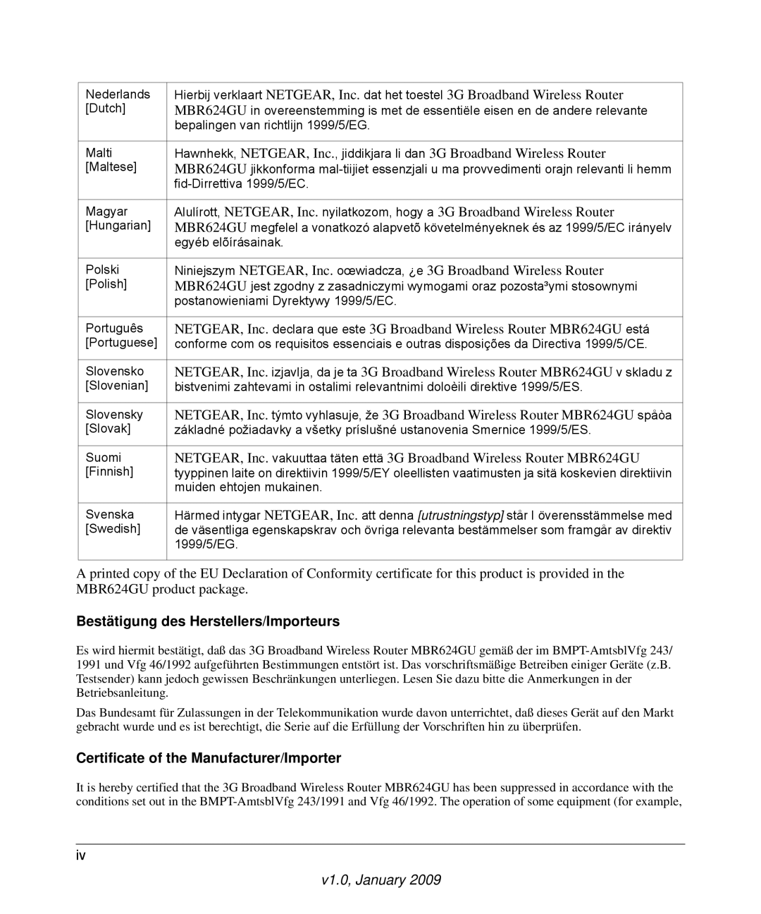 NETGEAR MBR624GU user manual Bestätigung des Herstellers/Importeurs, Certificate of the Manufacturer/Importer 