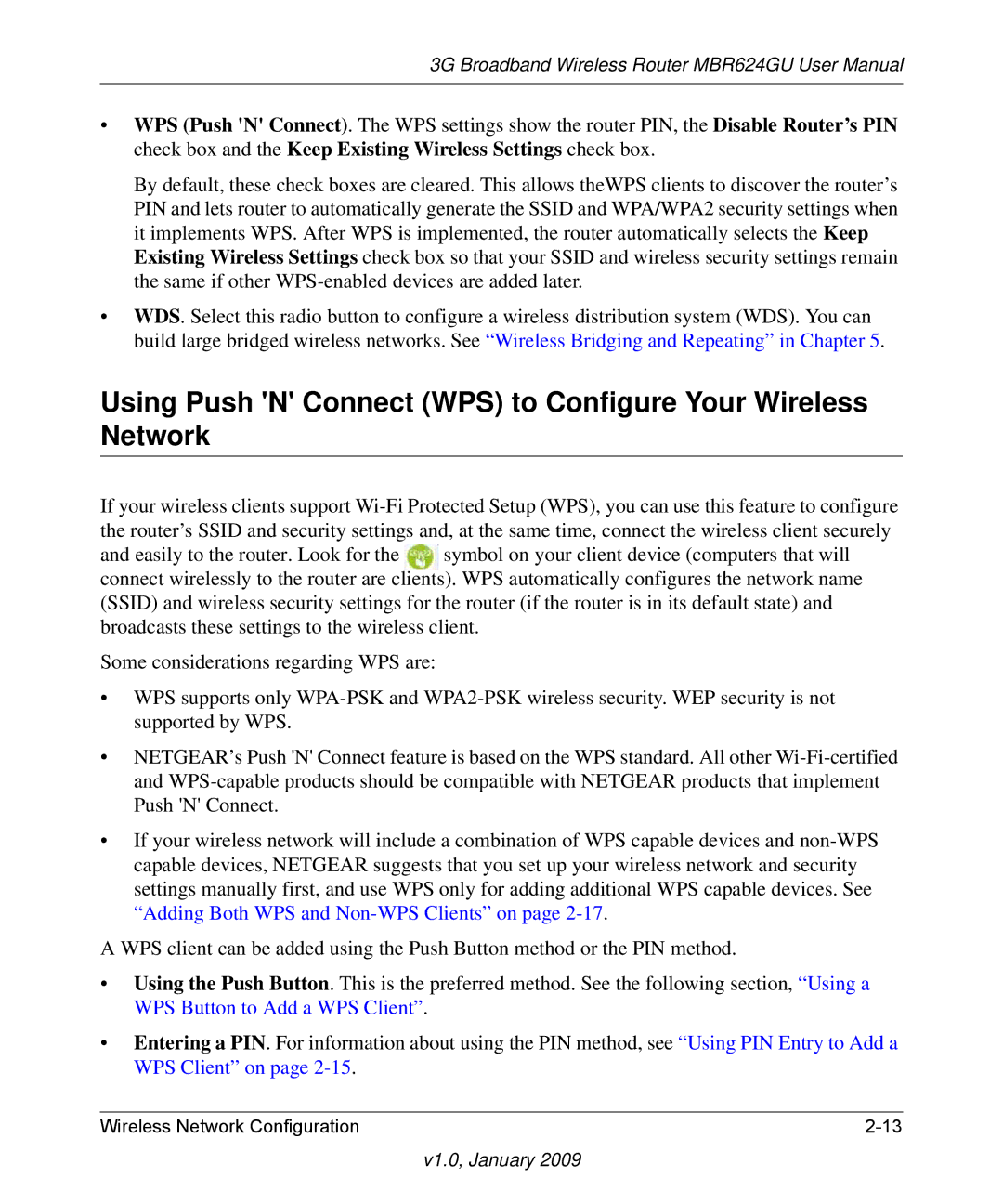 NETGEAR MBR624GU user manual Using Push N Connect WPS to Configure Your Wireless Network 