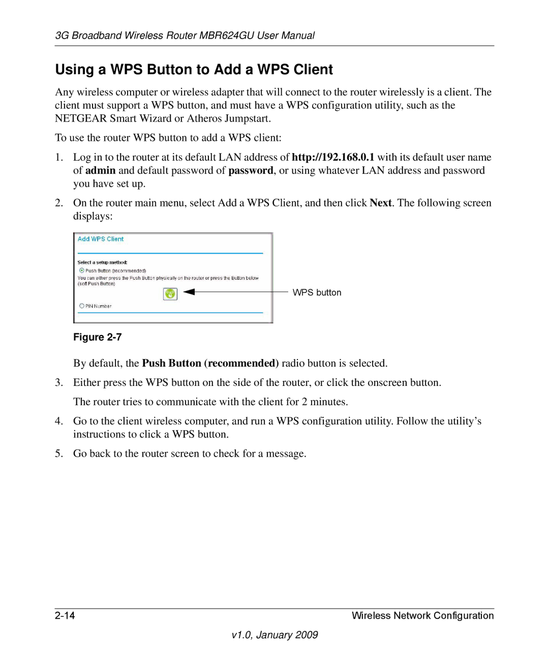 NETGEAR MBR624GU user manual Using a WPS Button to Add a WPS Client 