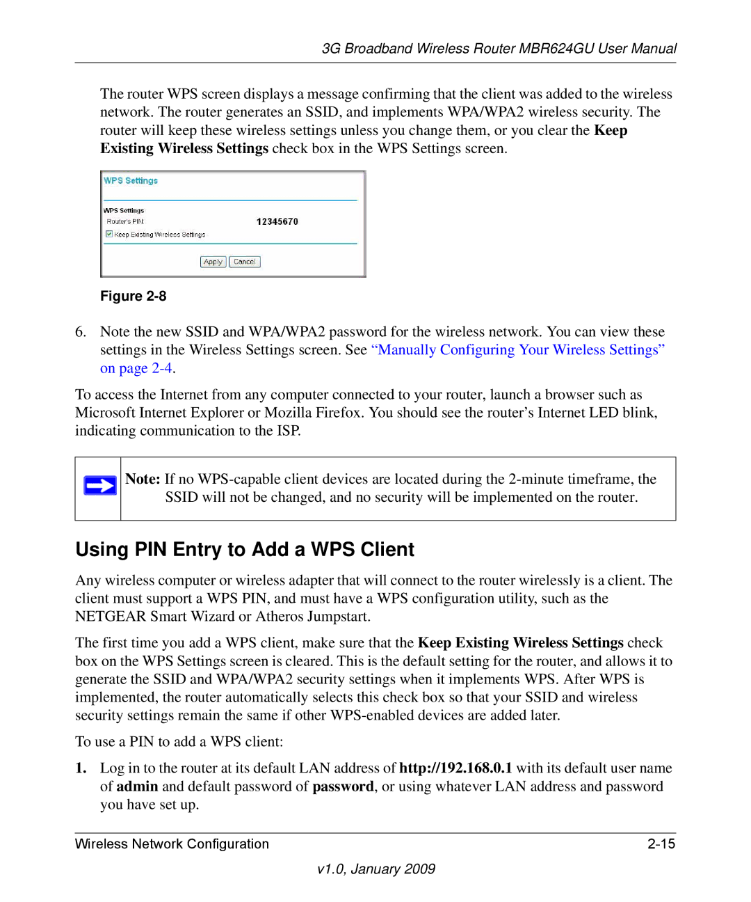 NETGEAR MBR624GU user manual Using PIN Entry to Add a WPS Client 