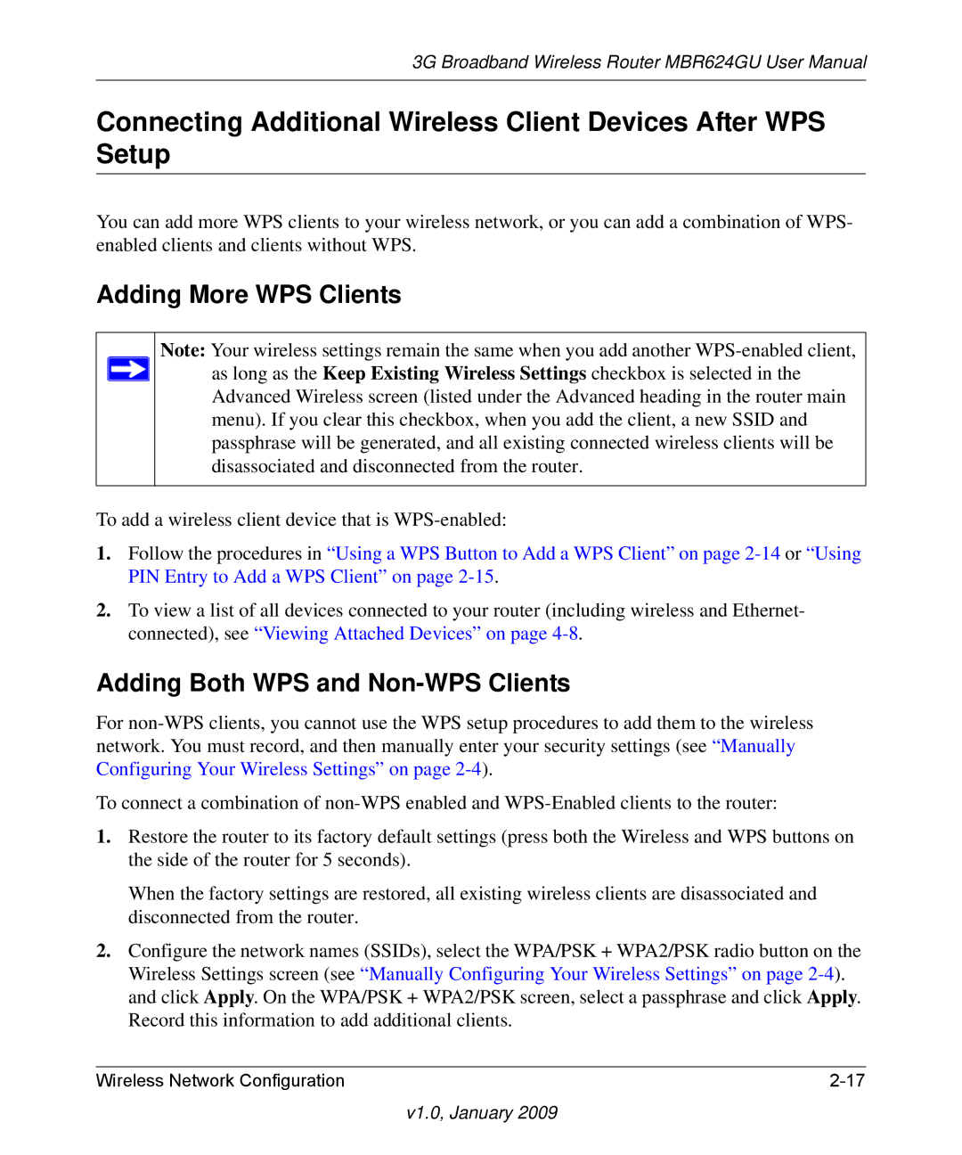 NETGEAR MBR624GU user manual Adding More WPS Clients, Adding Both WPS and Non-WPS Clients 