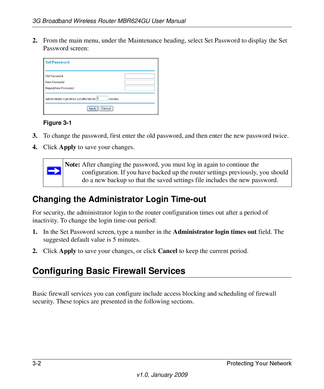 NETGEAR MBR624GU user manual Configuring Basic Firewall Services, Changing the Administrator Login Time-out 