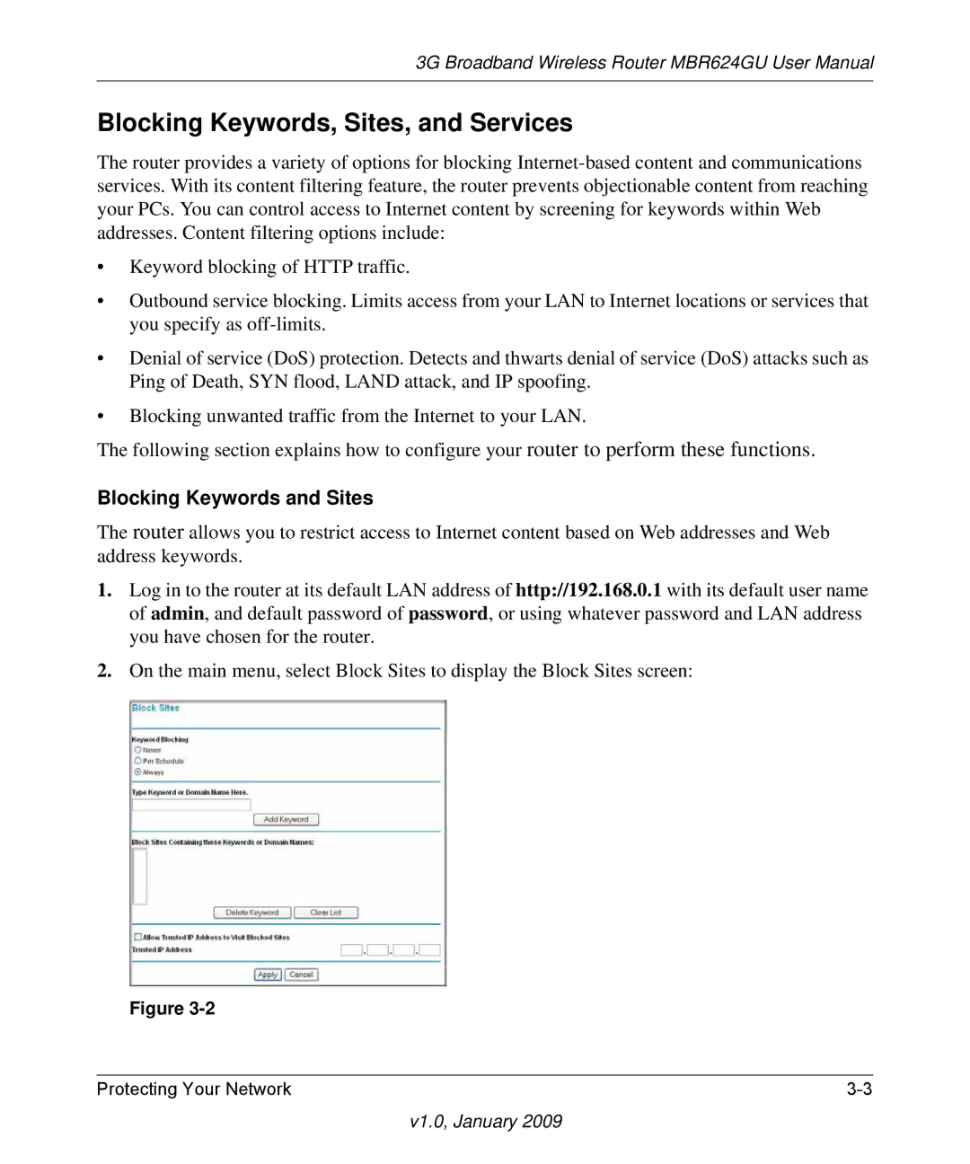 NETGEAR MBR624GU user manual Blocking Keywords, Sites, and Services, Blocking Keywords and Sites 