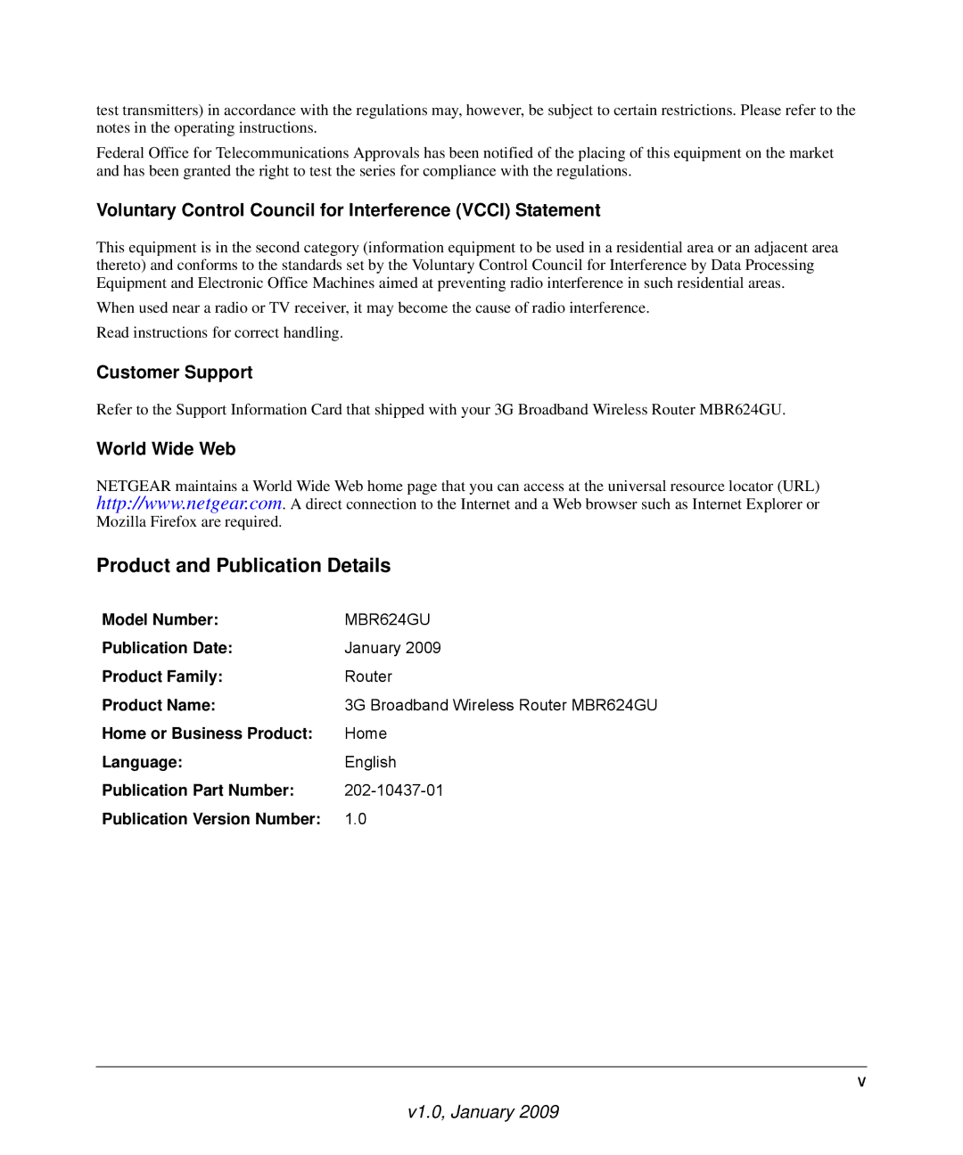 NETGEAR MBR624GU Voluntary Control Council for Interference Vcci Statement, Customer Support, World Wide Web, Model Number 