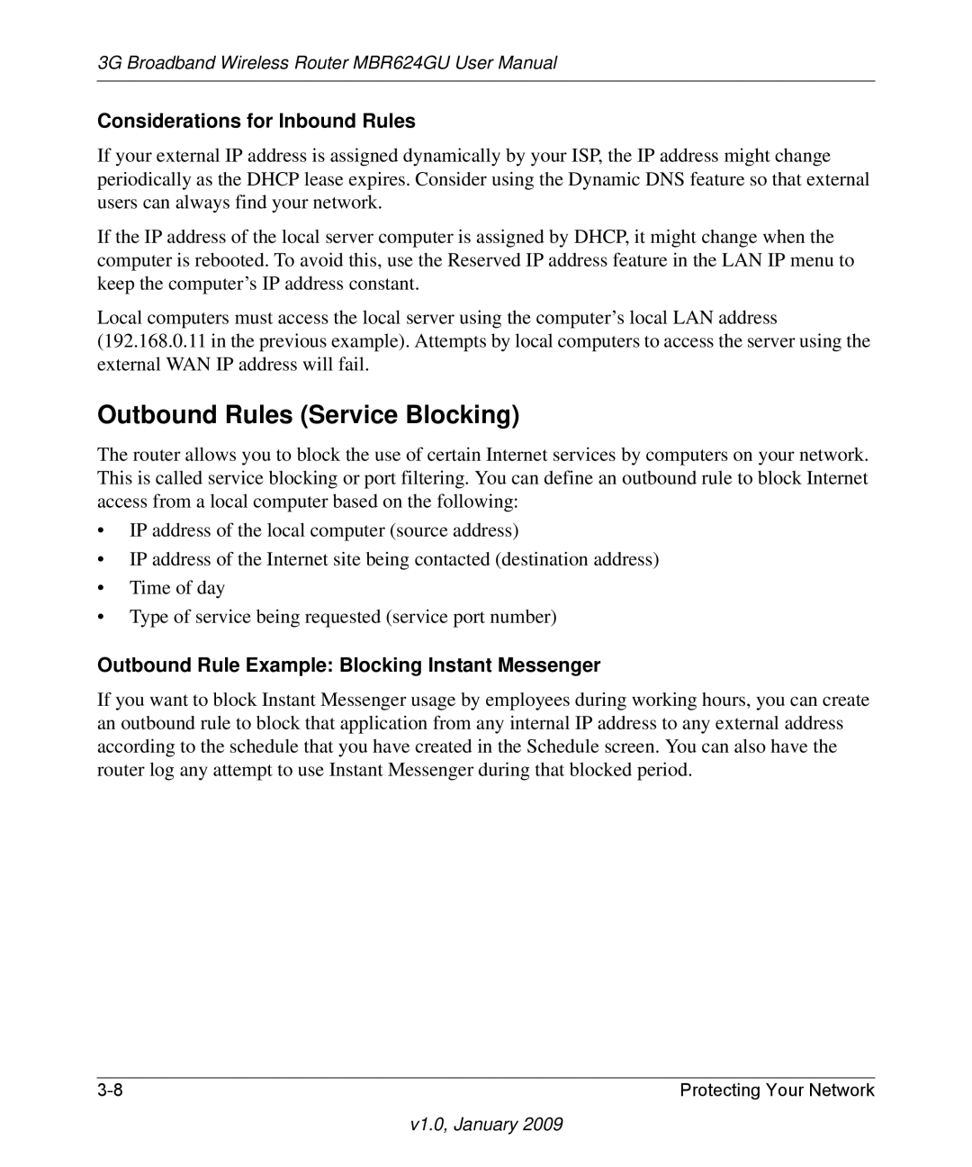 NETGEAR MBR624GU user manual Outbound Rules Service Blocking, Considerations for Inbound Rules 