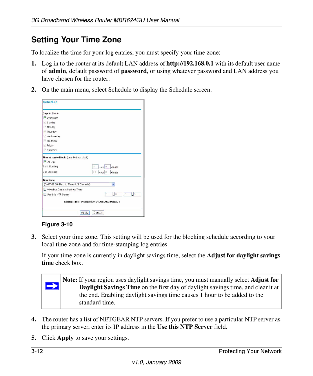 NETGEAR MBR624GU user manual Setting Your Time Zone 