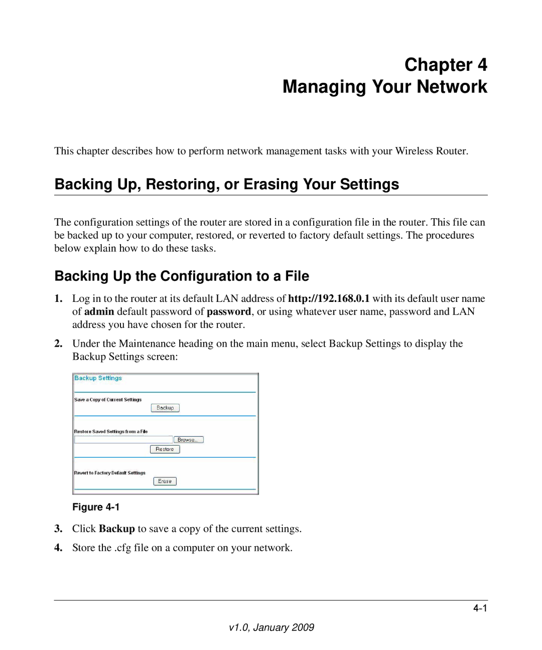 NETGEAR MBR624GU user manual Chapter Managing Your Network, Backing Up, Restoring, or Erasing Your Settings 