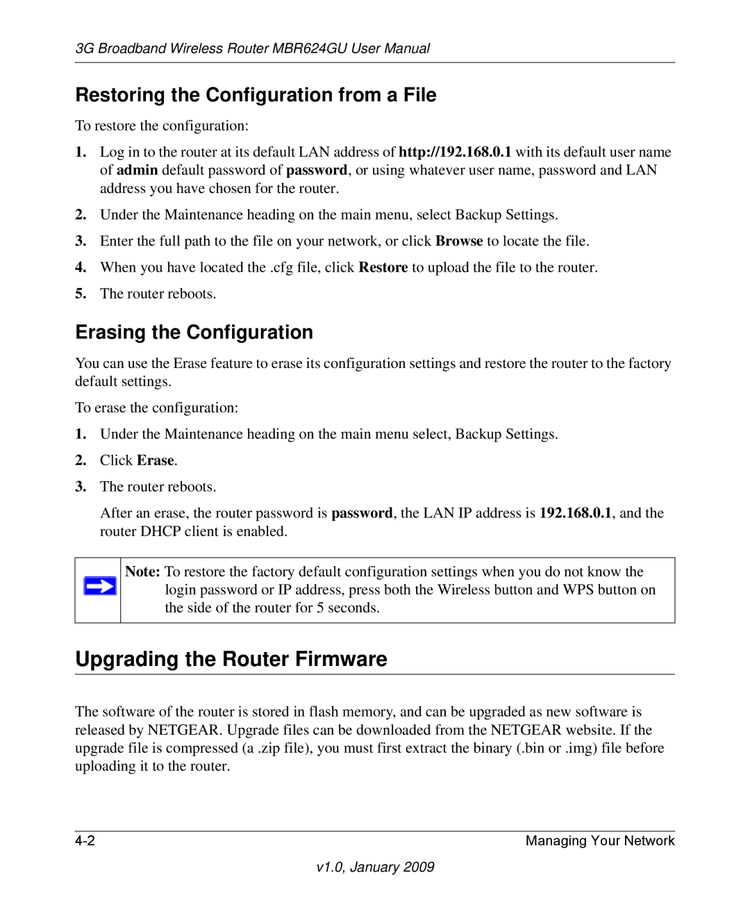 NETGEAR MBR624GU Upgrading the Router Firmware, Restoring the Configuration from a File, Erasing the Configuration 