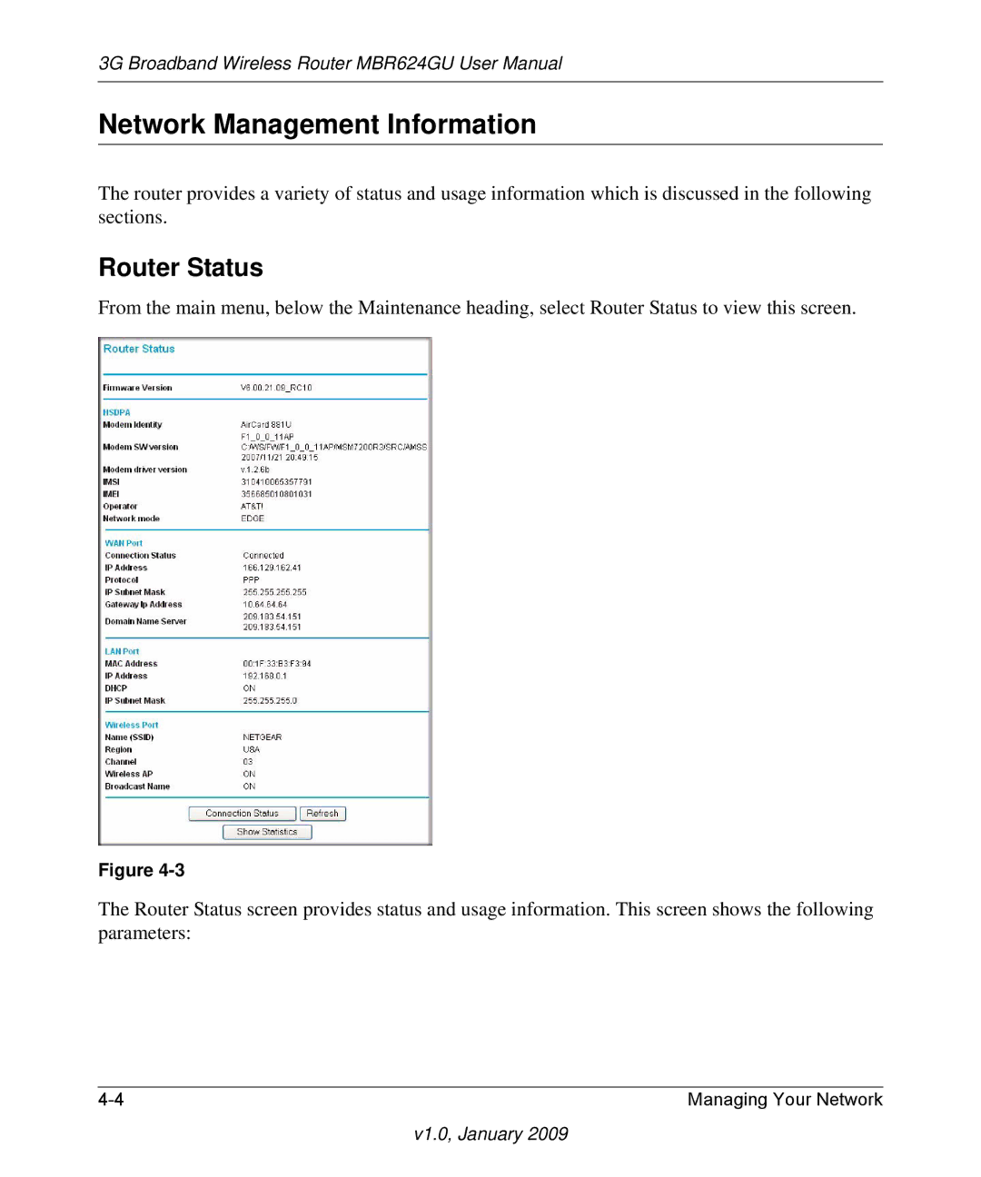 NETGEAR MBR624GU user manual Network Management Information, Router Status 