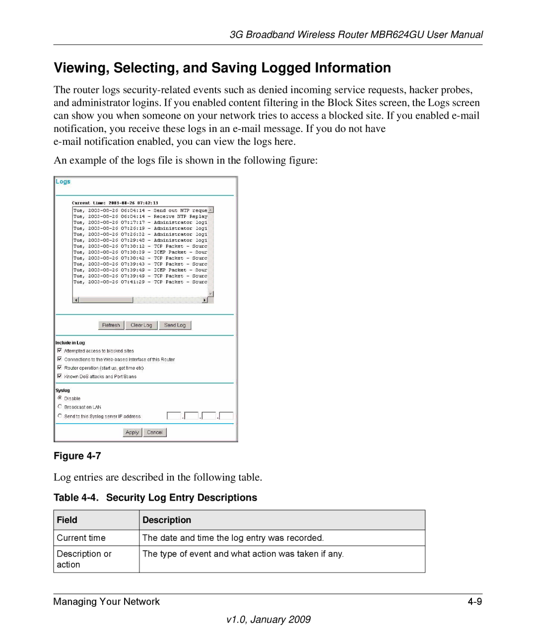 NETGEAR MBR624GU user manual Viewing, Selecting, and Saving Logged Information, Security Log Entry Descriptions 