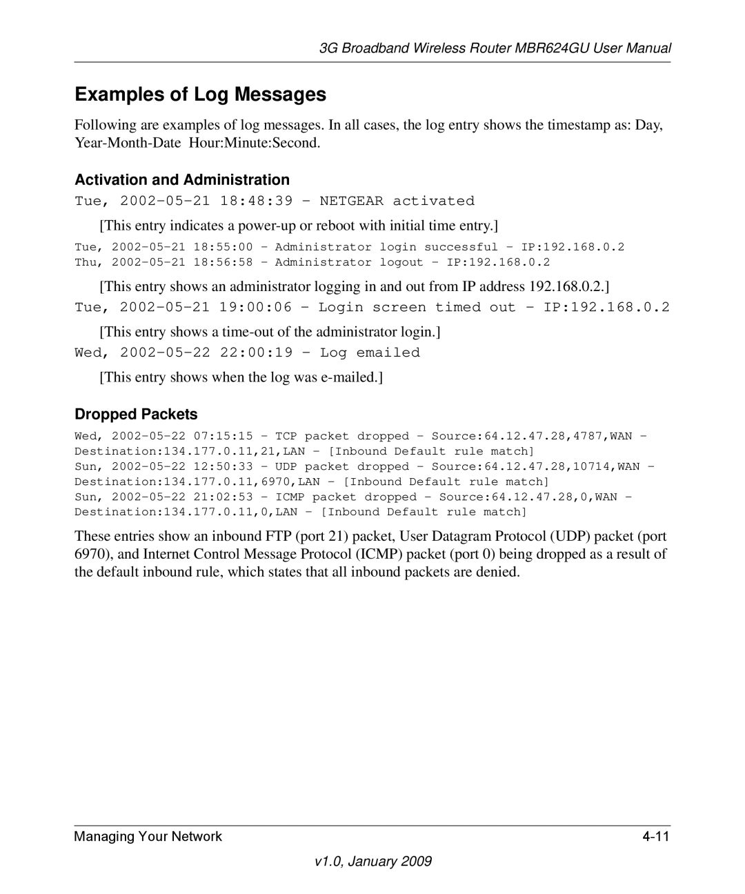 NETGEAR MBR624GU user manual Examples of Log Messages, Activation and Administration 