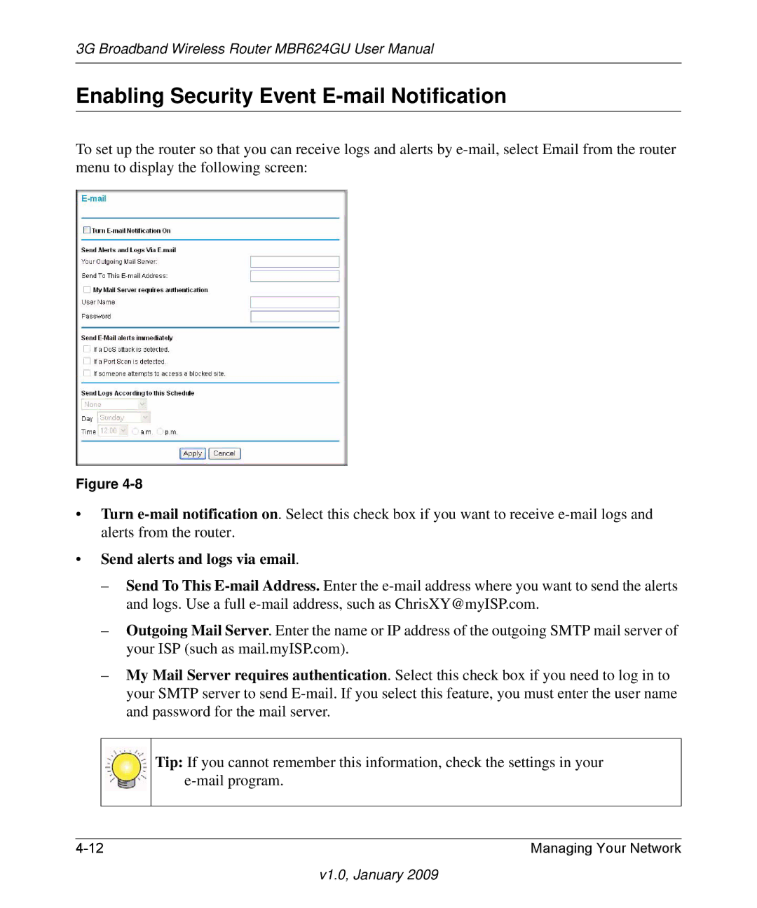 NETGEAR MBR624GU user manual Enabling Security Event E-mail Notification, Send alerts and logs via email 