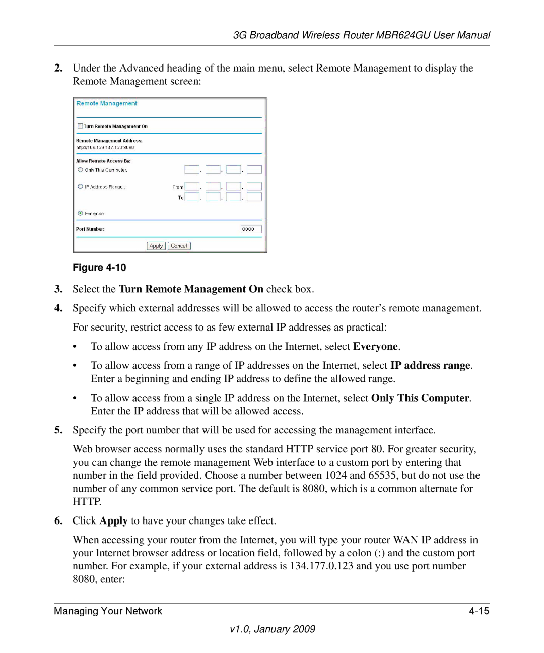 NETGEAR MBR624GU user manual Select the Turn Remote Management On check box 