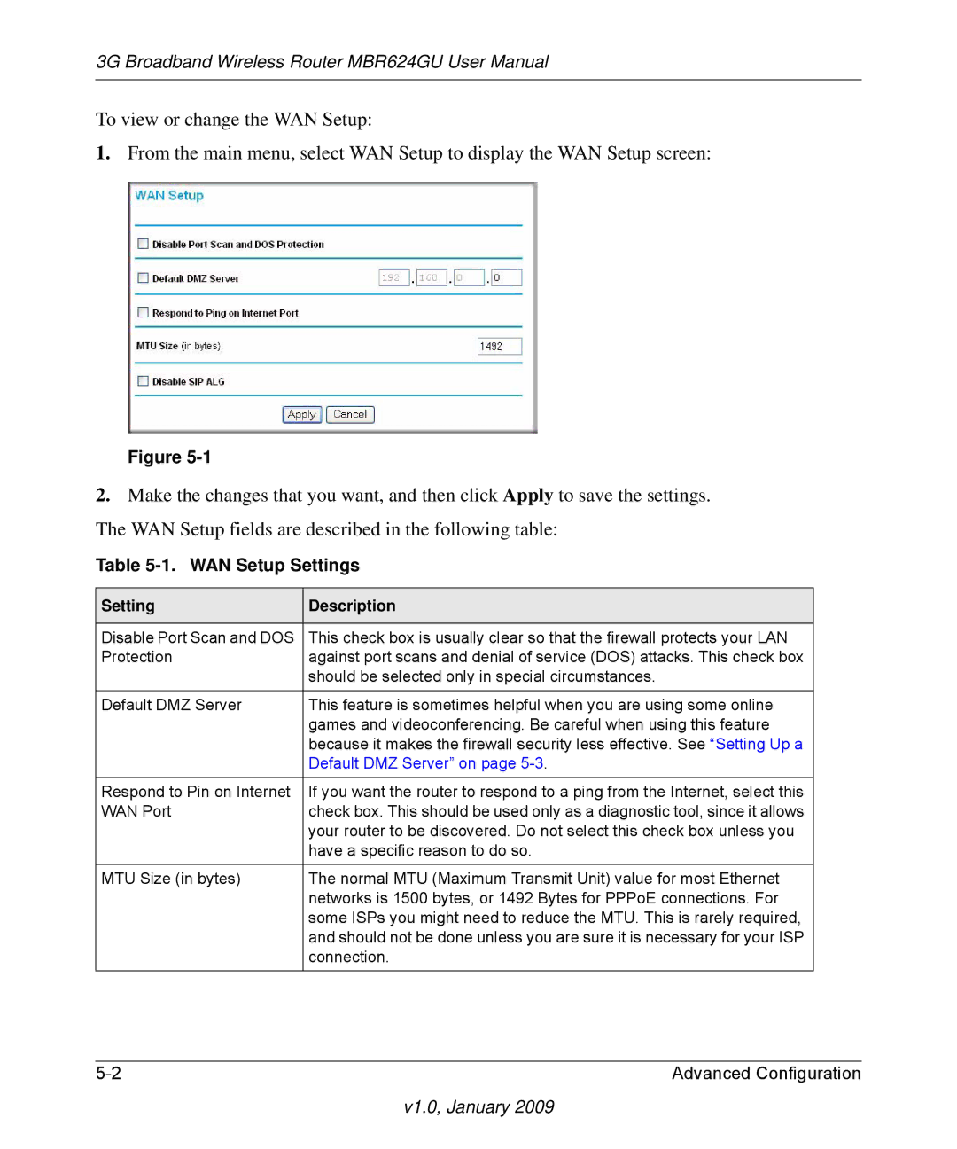 NETGEAR MBR624GU user manual WAN Setup Settings, Setting Description 