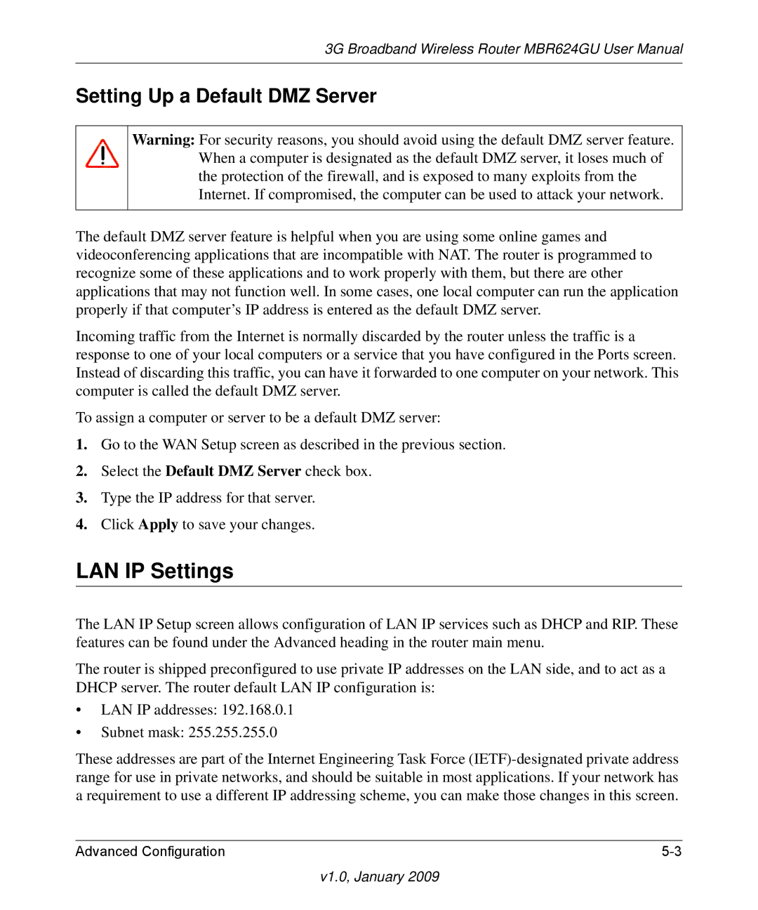 NETGEAR MBR624GU user manual LAN IP Settings, Setting Up a Default DMZ Server 