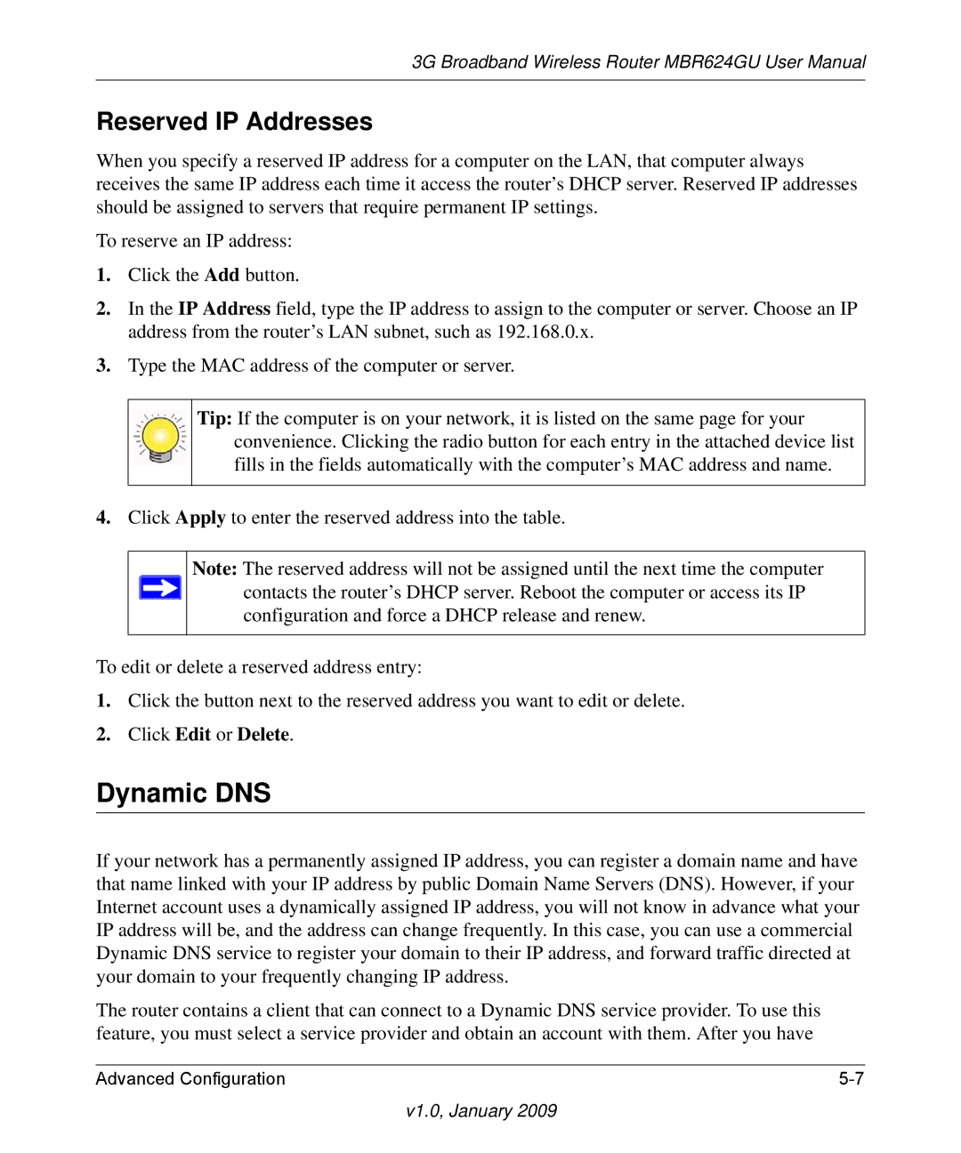 NETGEAR MBR624GU user manual Dynamic DNS, Reserved IP Addresses 