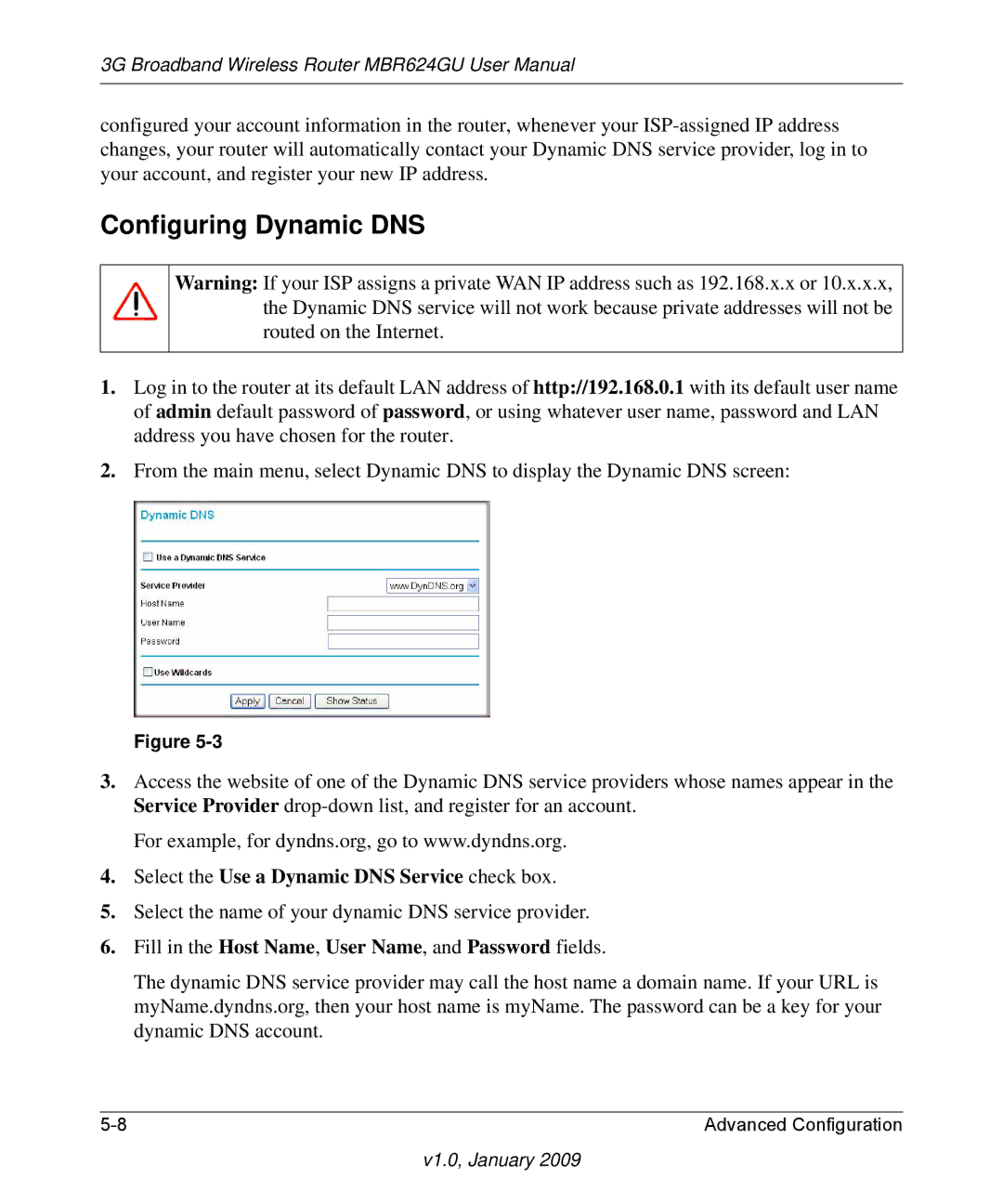 NETGEAR MBR624GU user manual Configuring Dynamic DNS, Select the Use a Dynamic DNS Service check box 