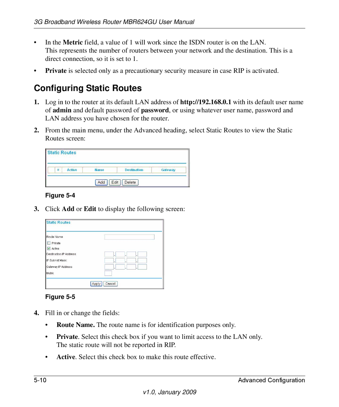 NETGEAR MBR624GU user manual Configuring Static Routes 